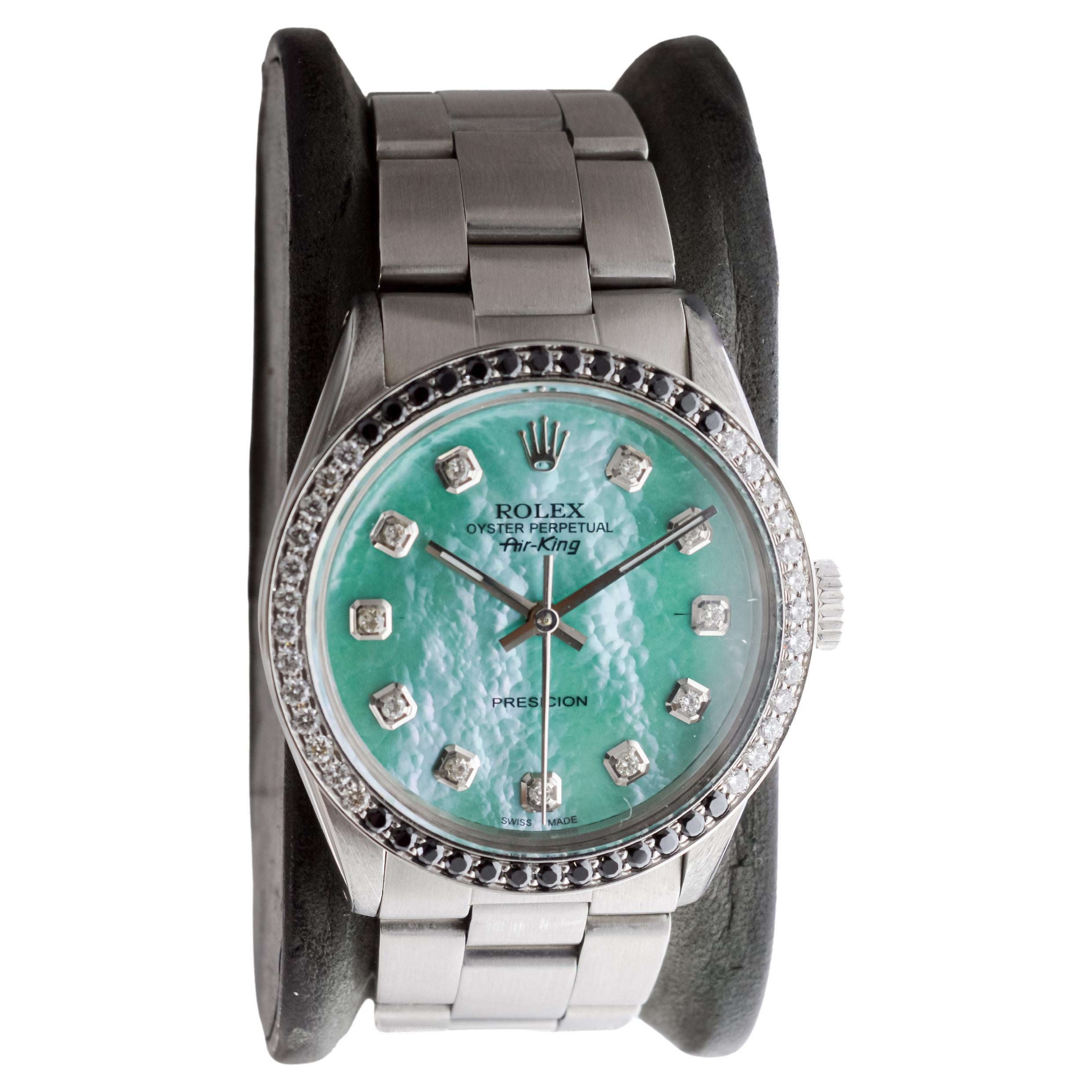 Rolex Steel Air King avec cadran MOP personnalisé et lunette à diamants circa 1980's