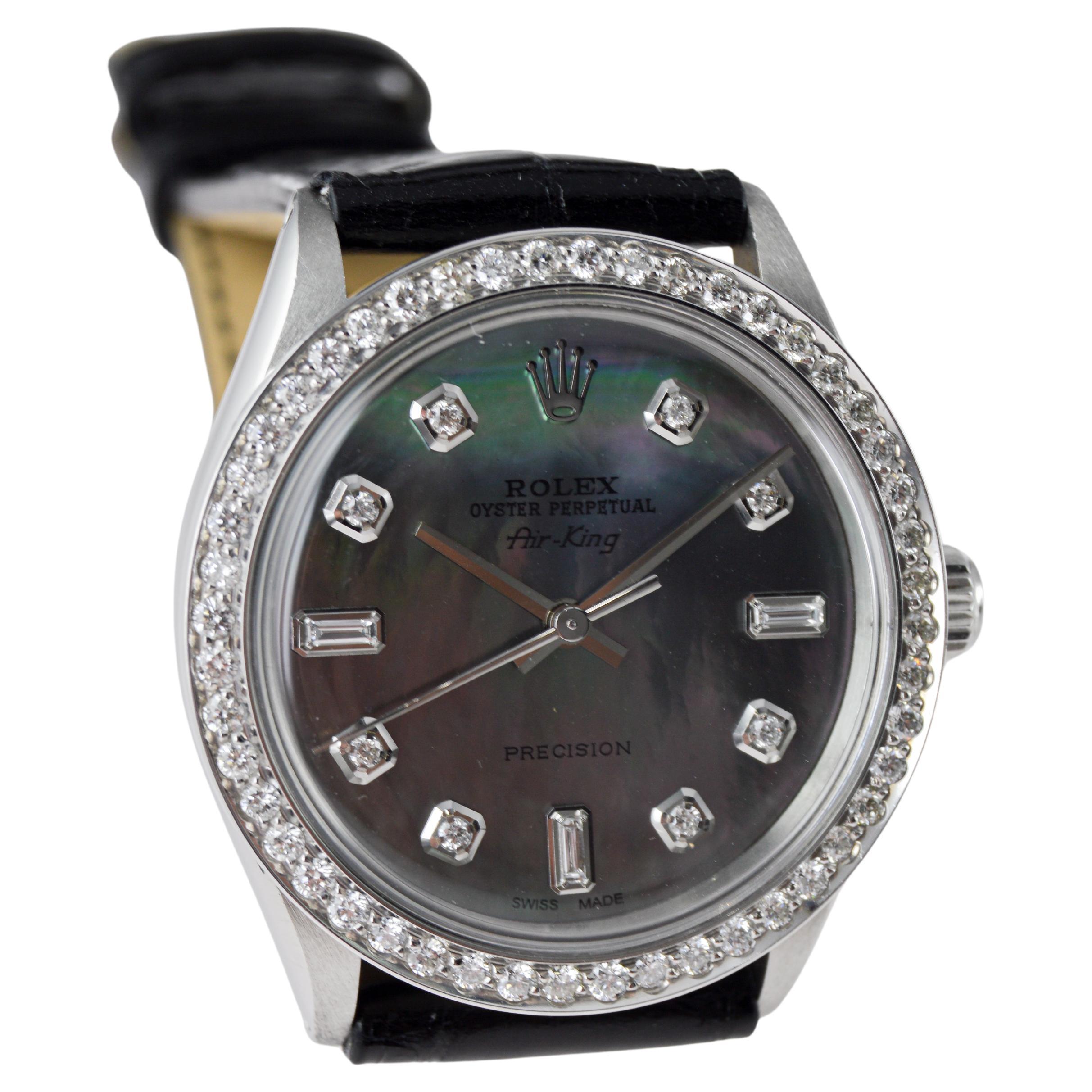 Rolex Air King de acero con esfera personalizada M.O.P de diamantes y bisel de diamantes Años 80 en venta 5