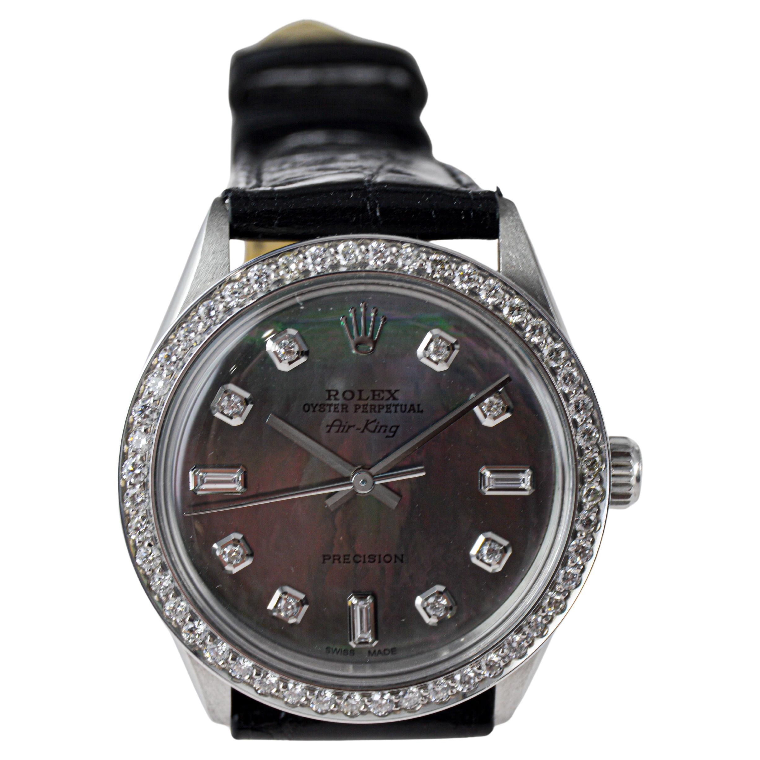 Rolex Air King de acero con esfera personalizada M.O.P de diamantes y bisel de diamantes Años 80 en venta 6