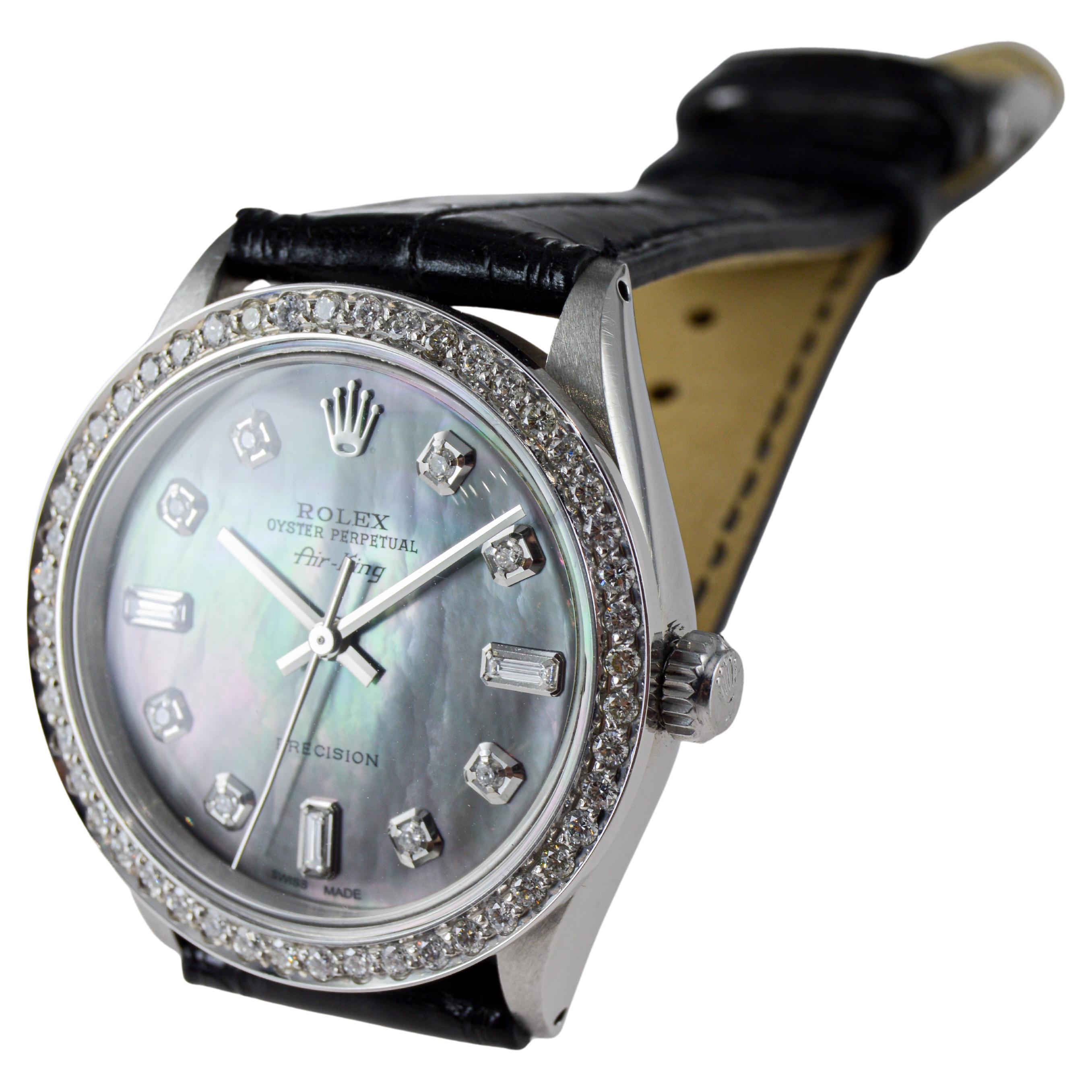 Rolex Air King de acero con esfera personalizada M.O.P de diamantes y bisel de diamantes Años 80 en venta 7