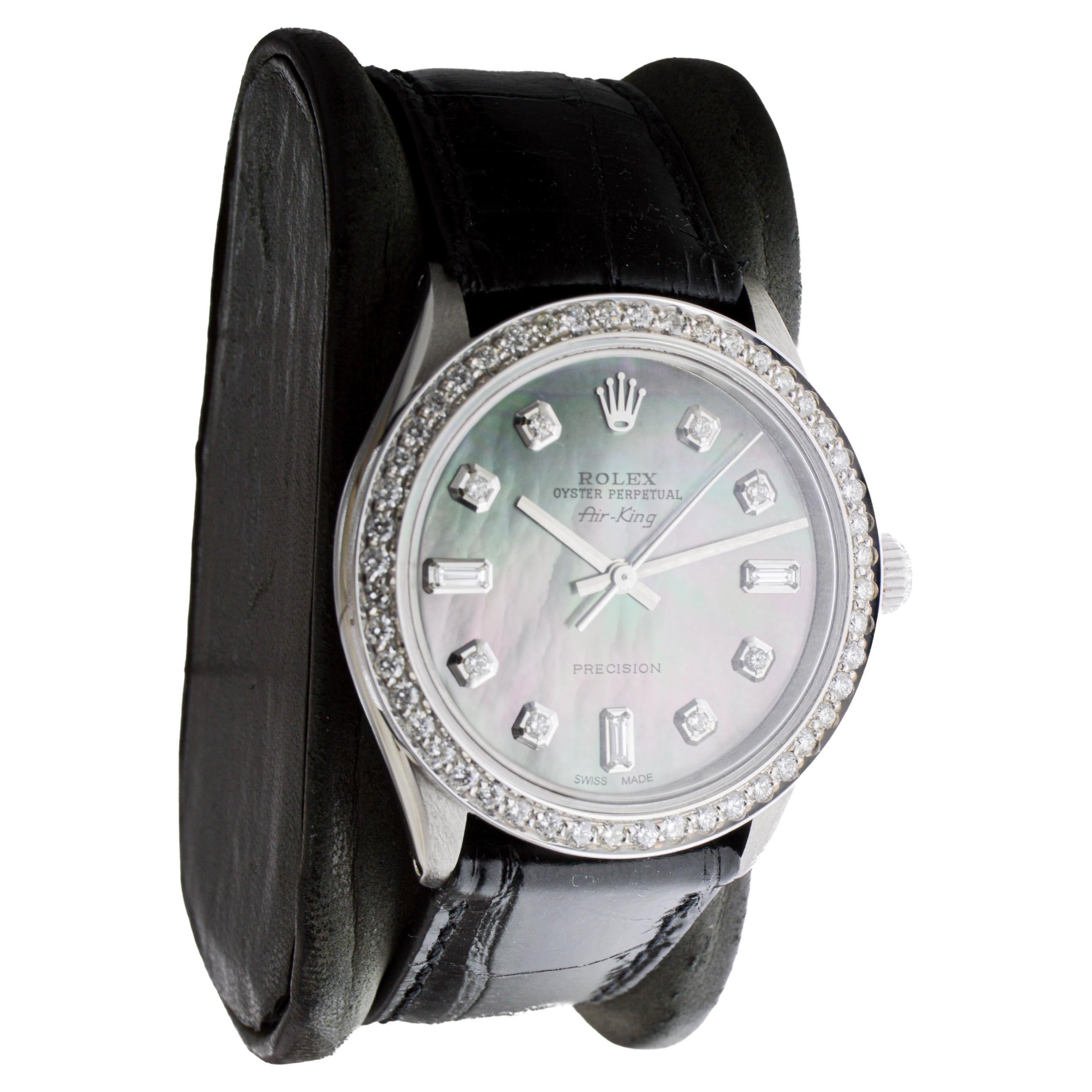 Rolex Air King de acero con esfera personalizada M.O.P de diamantes y bisel de diamantes Años 80 Moderno en venta