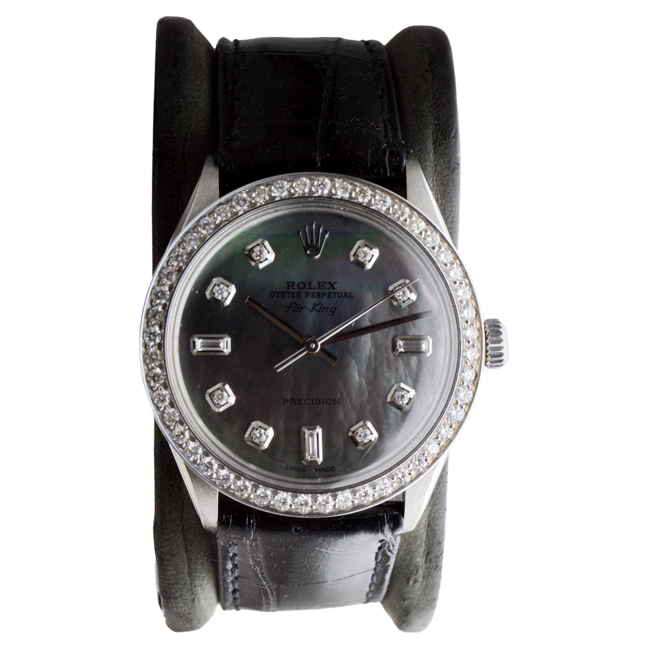 Rolex Air King de acero con esfera personalizada M.O.P de diamantes y bisel de diamantes Años 80 en Excelente estado para la venta en Long Beach, CA