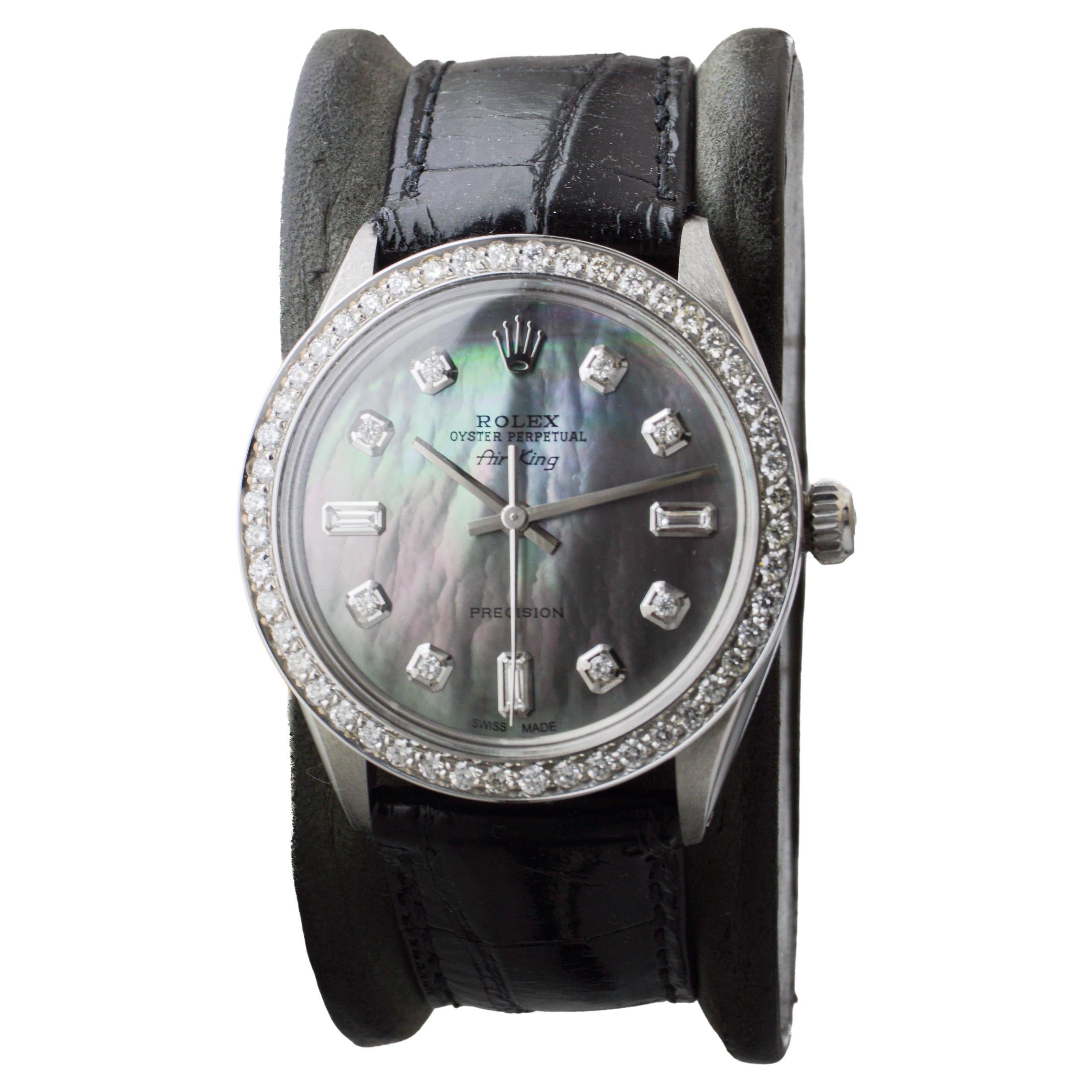 Femenino o masculino Rolex Air King de acero con esfera personalizada M.O.P de diamantes y bisel de diamantes Años 80 en venta