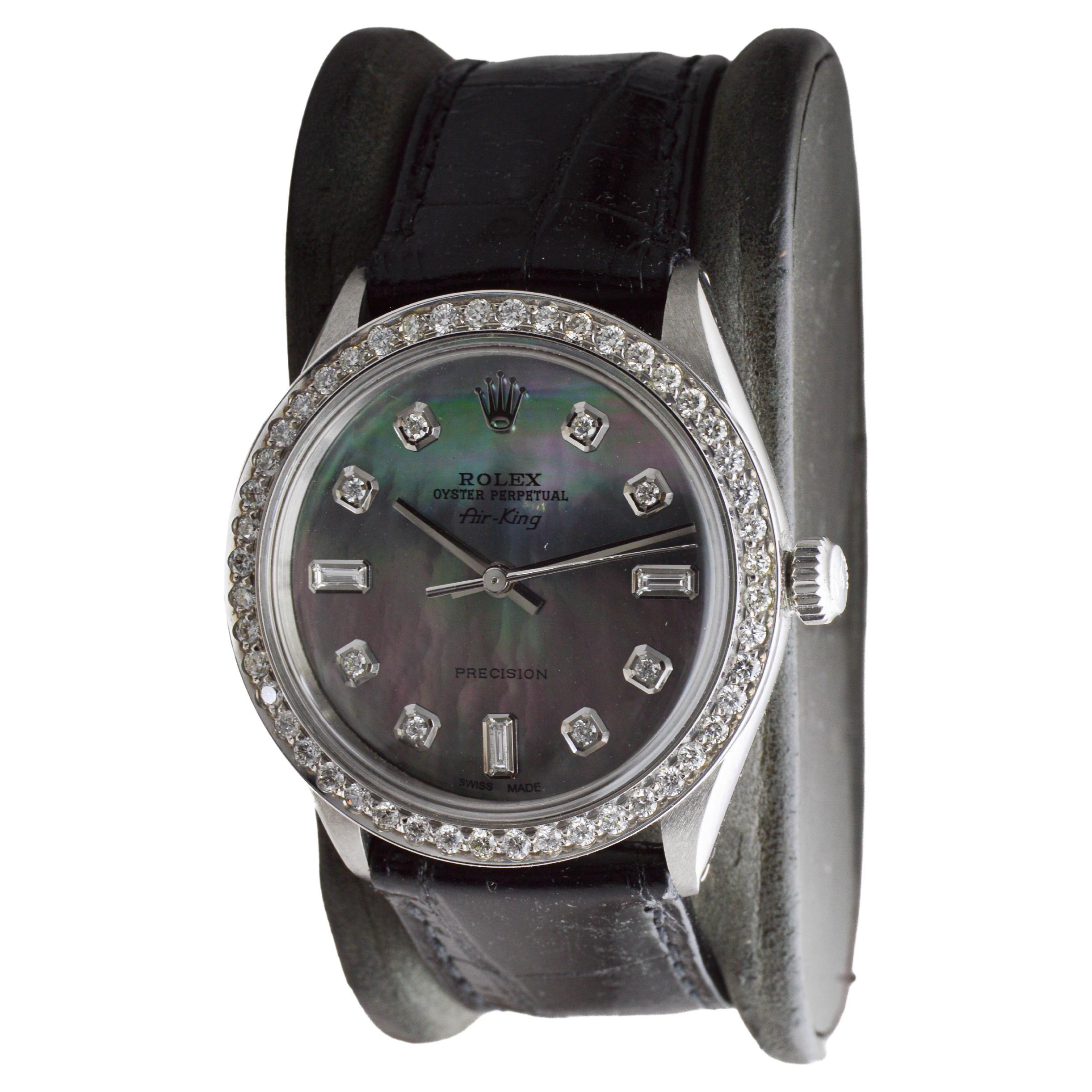 Rolex Air King de acero con esfera personalizada M.O.P de diamantes y bisel de diamantes Años 80 en venta 1