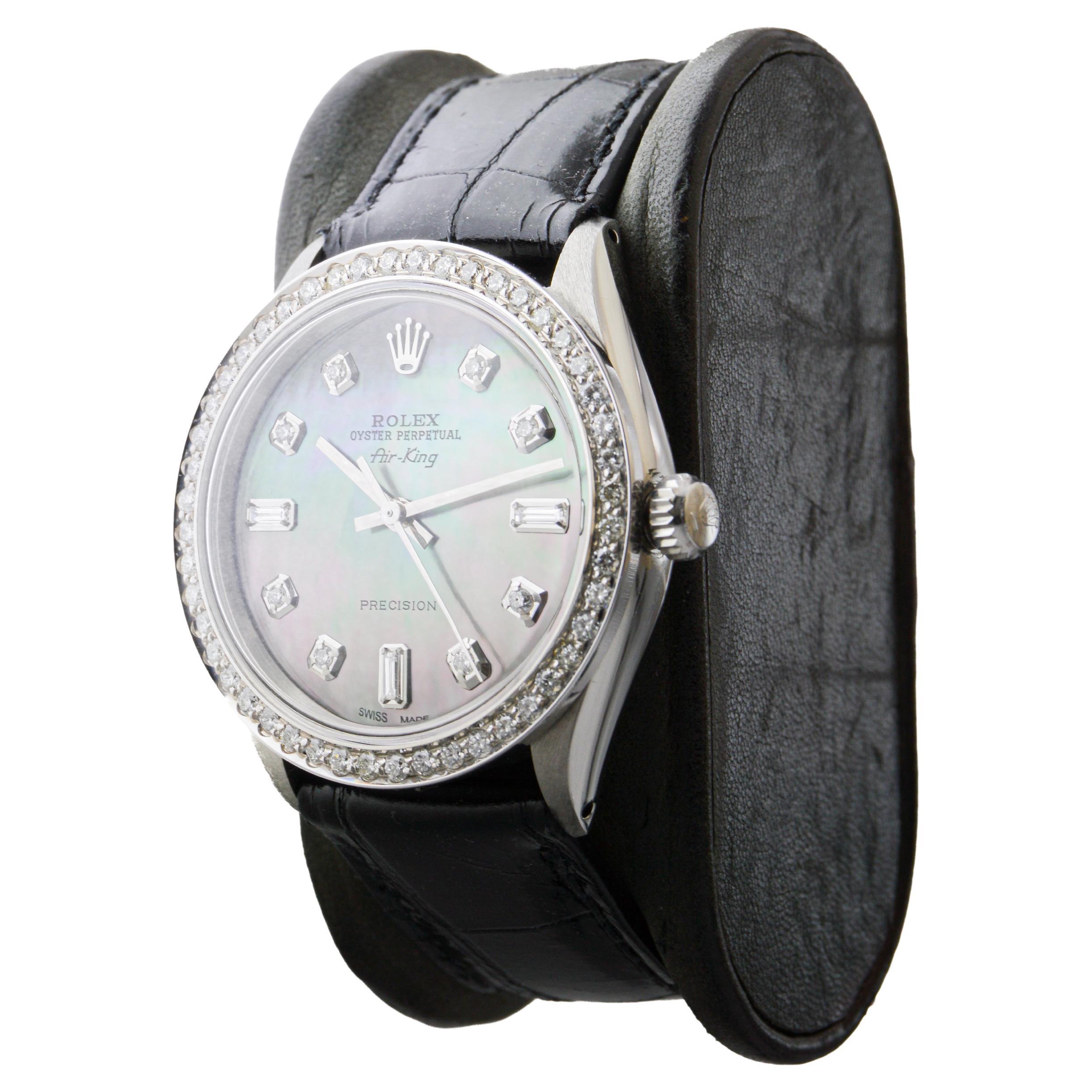 Rolex Air King de acero con esfera personalizada M.O.P de diamantes y bisel de diamantes Años 80 en venta 2