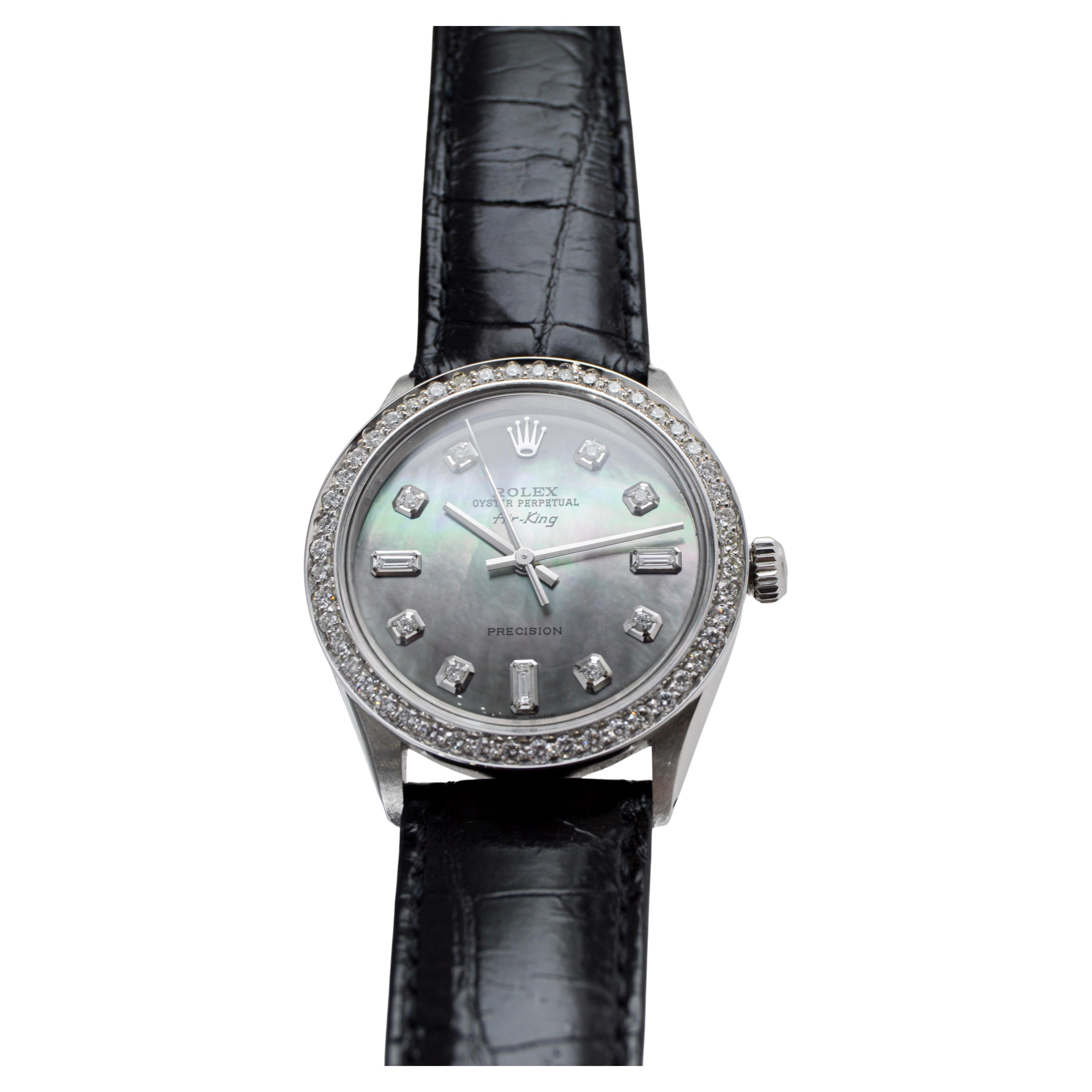 Rolex Air King de acero con esfera personalizada M.O.P de diamantes y bisel de diamantes Años 80 en venta 3