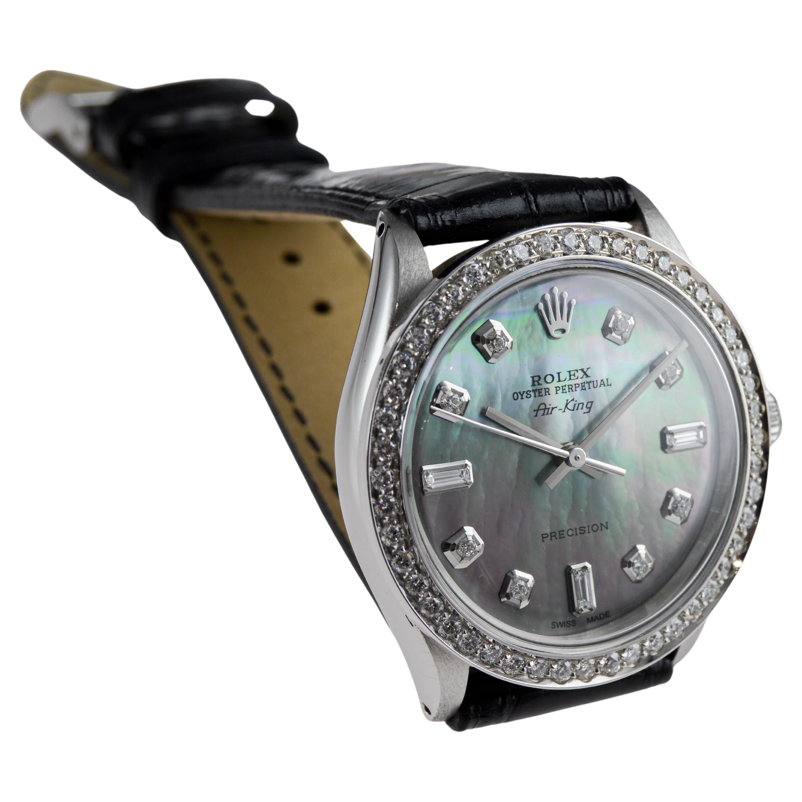 Rolex Air King de acero con esfera personalizada M.O.P de diamantes y bisel de diamantes Años 80 en venta 4