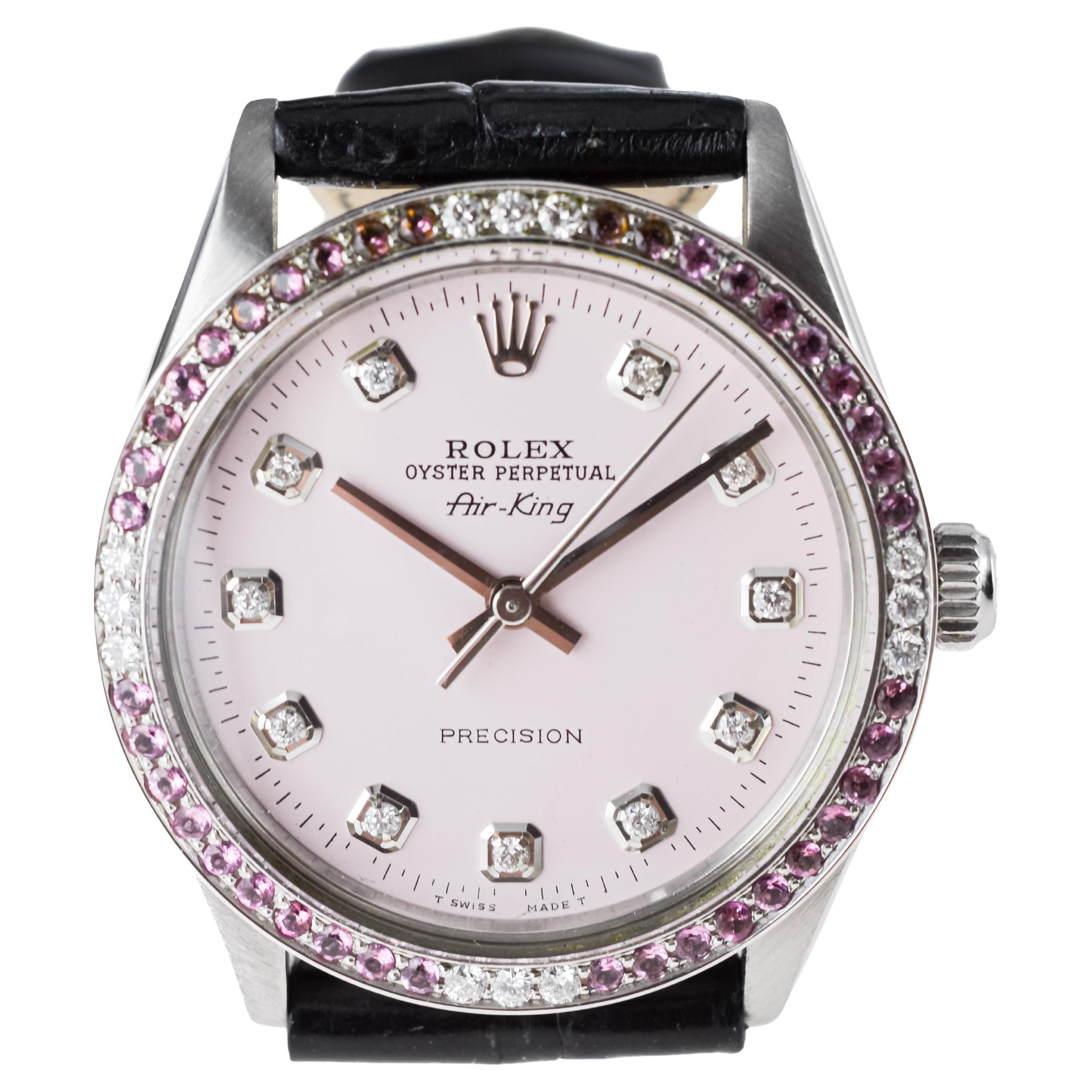 Rolex Steel Air King with Custom Pink Diamond Dial and Diamond Bezel 1970's For Sale 5