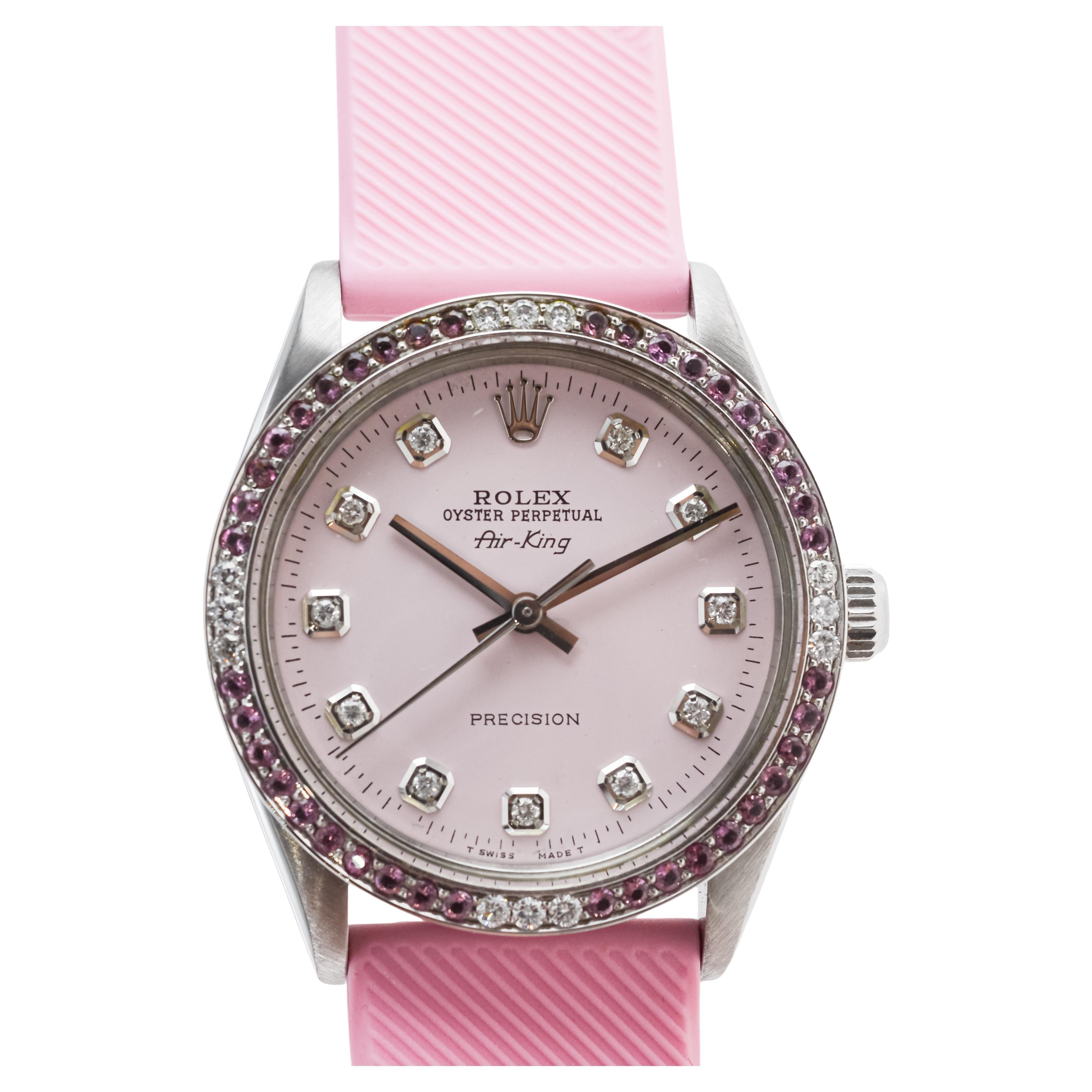Rolex Steel Air King with Custom Pink Dial and Diamond and Tourmaline Bezel 1970 4