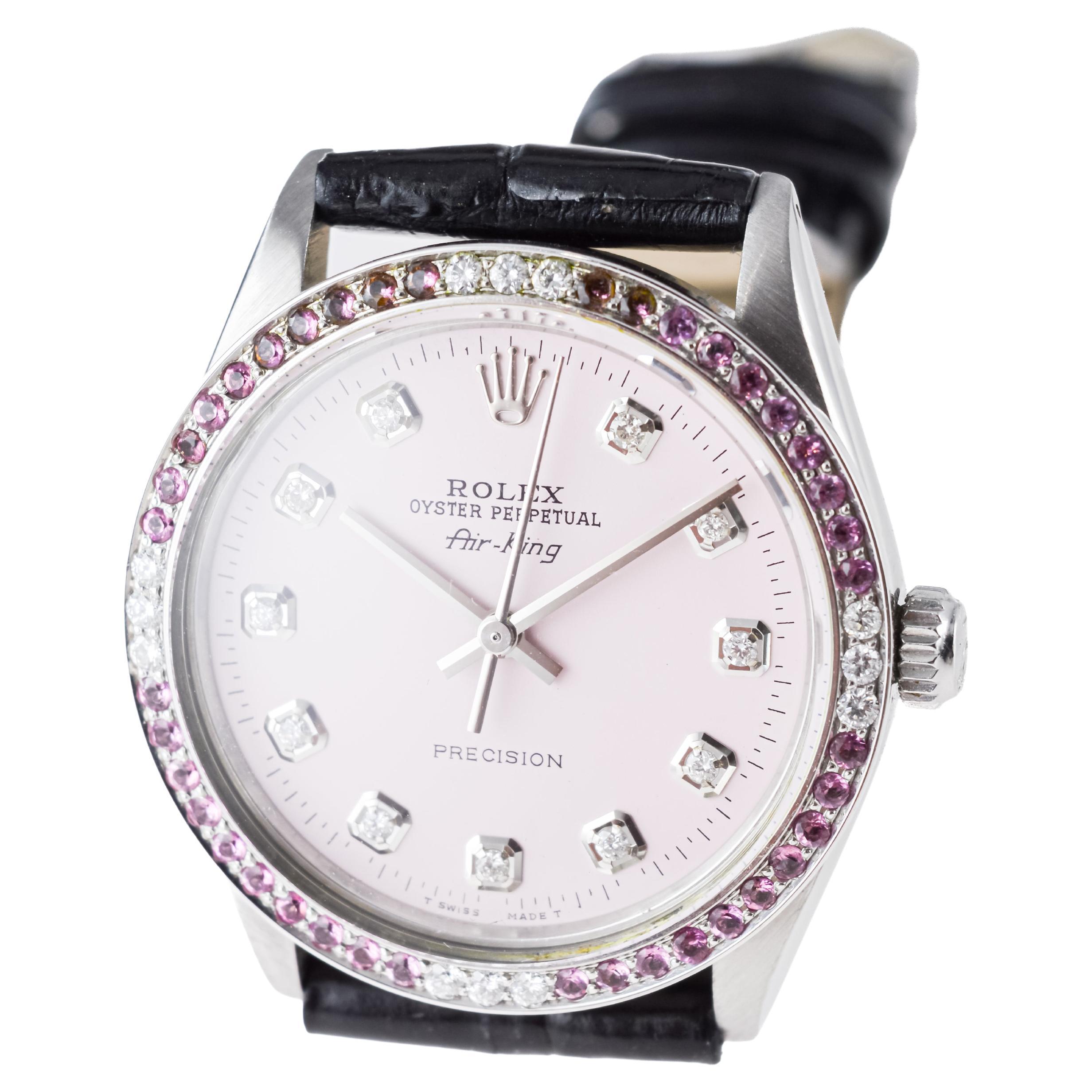 Rolex Steel Air King with Custom Pink Diamond Dial and Diamond Bezel 1970's For Sale 6