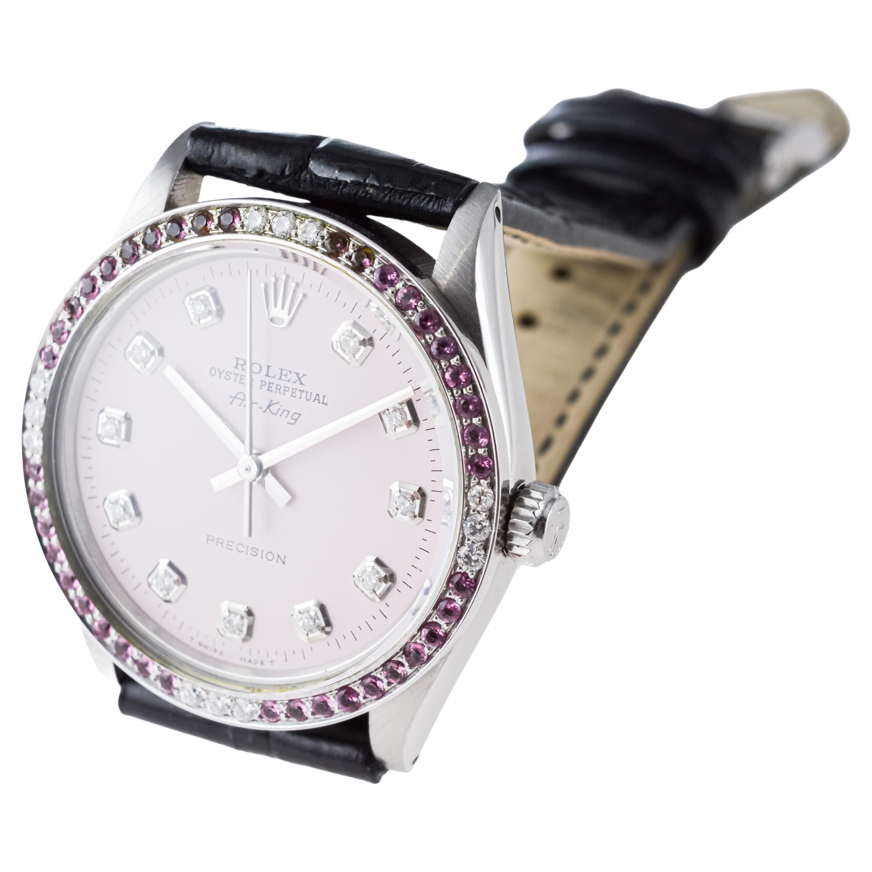 Rolex Steel Air King with Custom Pink Diamond Dial and Diamond Bezel 1970's For Sale 7