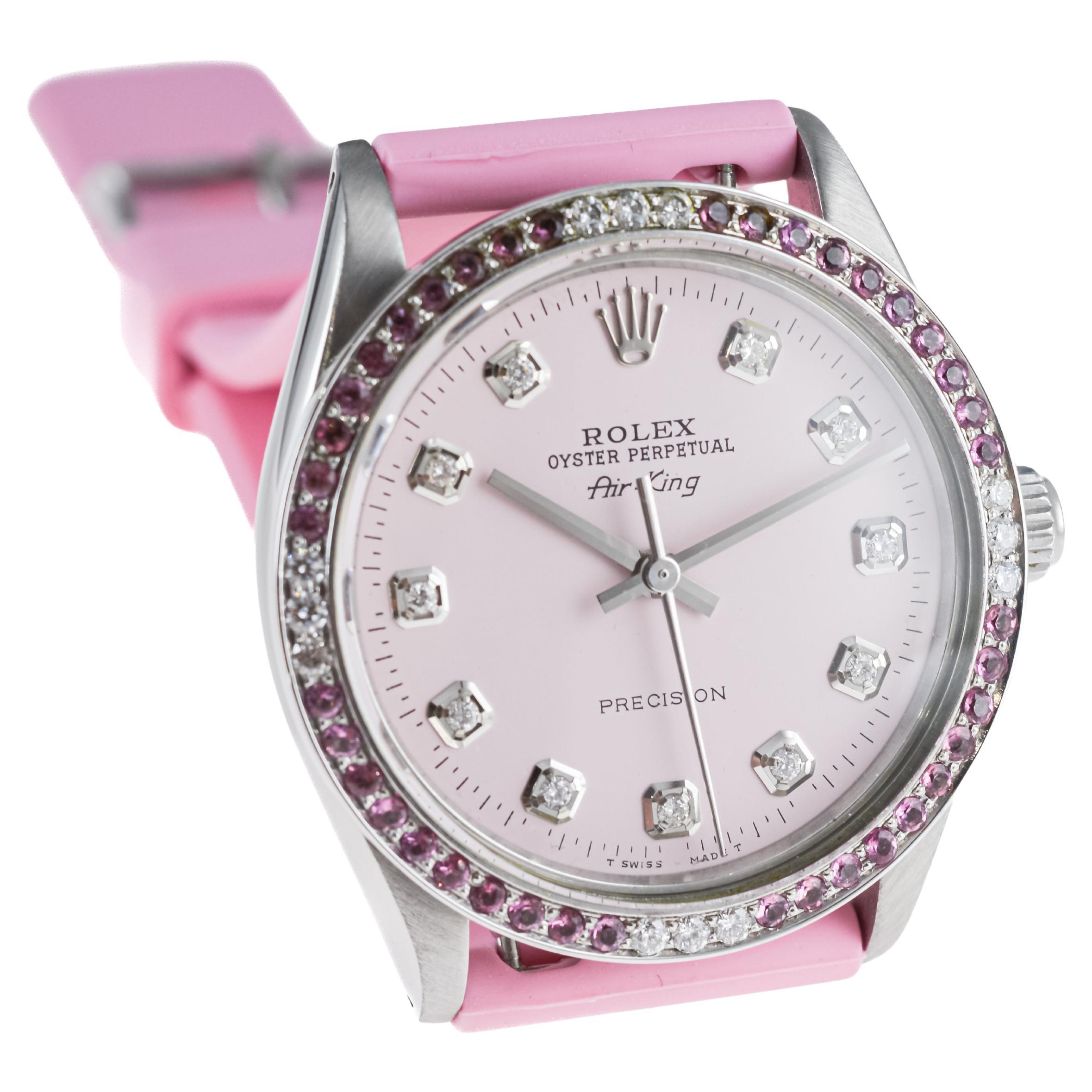 Rolex Steel Air King with Custom Pink Dial and Diamond and Tourmaline Bezel 1970 6