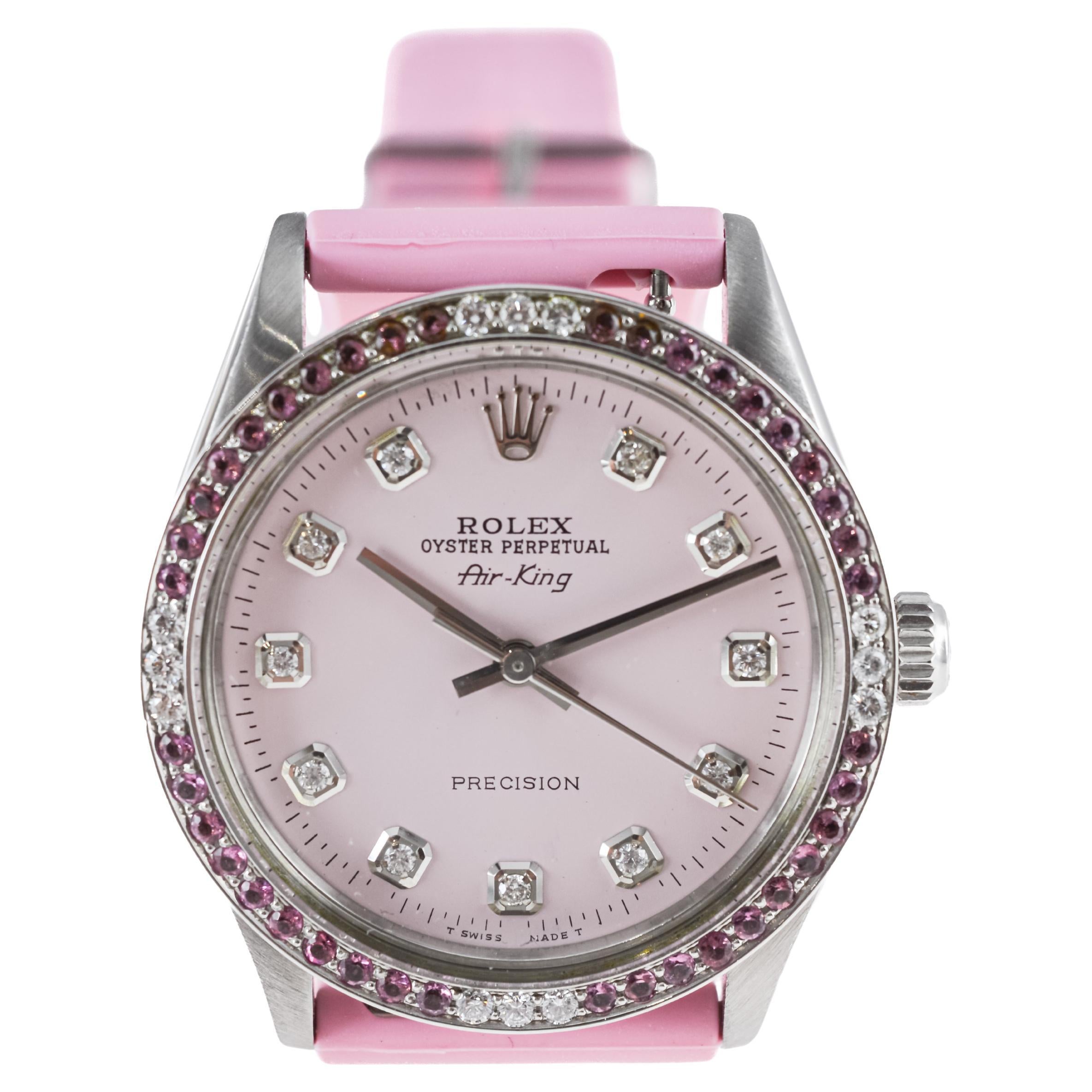 Rolex Steel Air King with Custom Pink Dial and Diamond and Tourmaline Bezel 1970 7