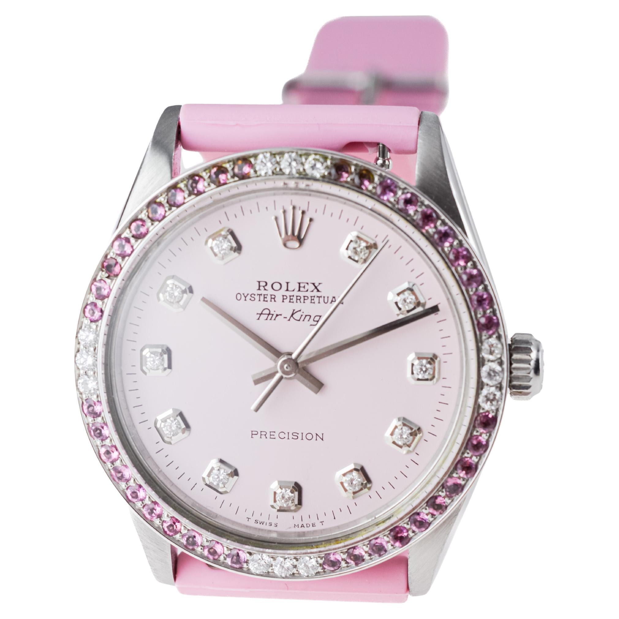 Rolex Steel Air King with Custom Pink Dial and Diamond and Tourmaline Bezel 1970 8