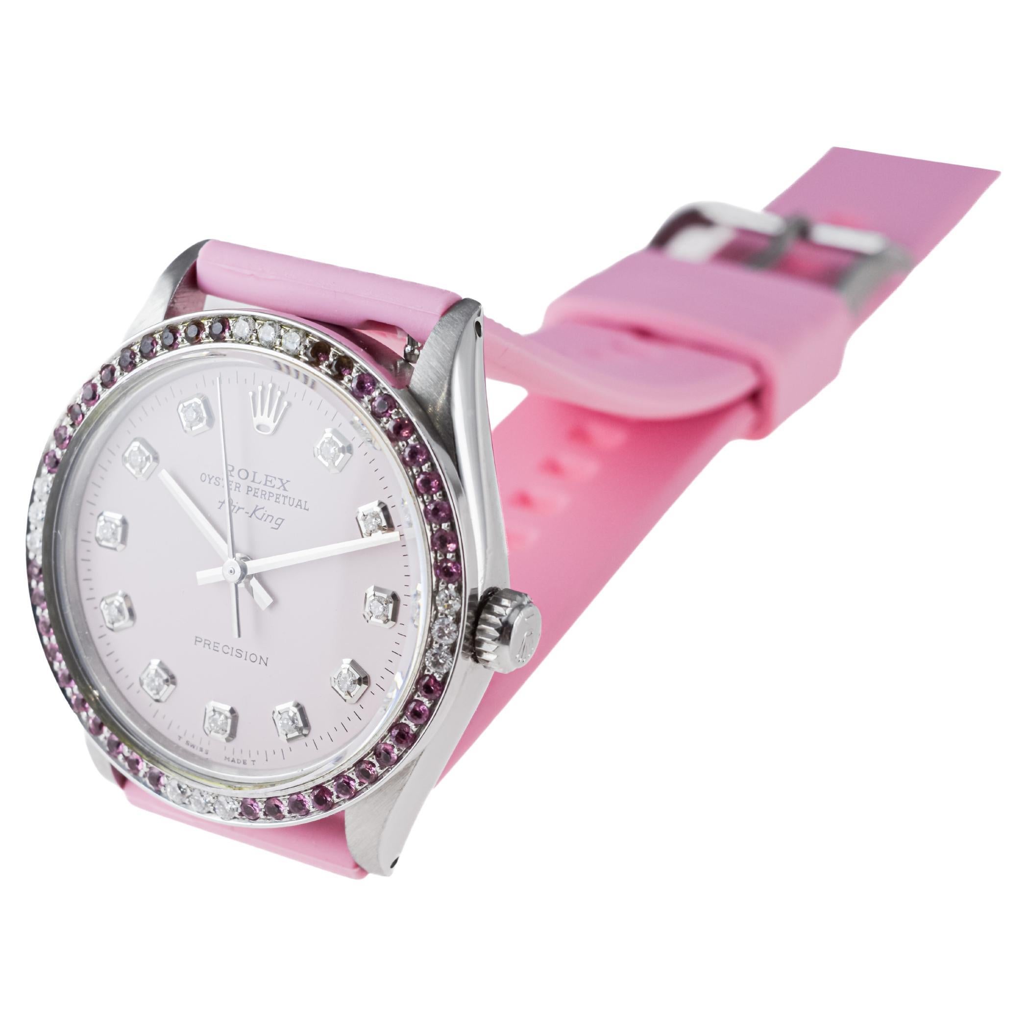 Rolex Steel Air King with Custom Pink Dial and Diamond and Tourmaline Bezel 1970 9