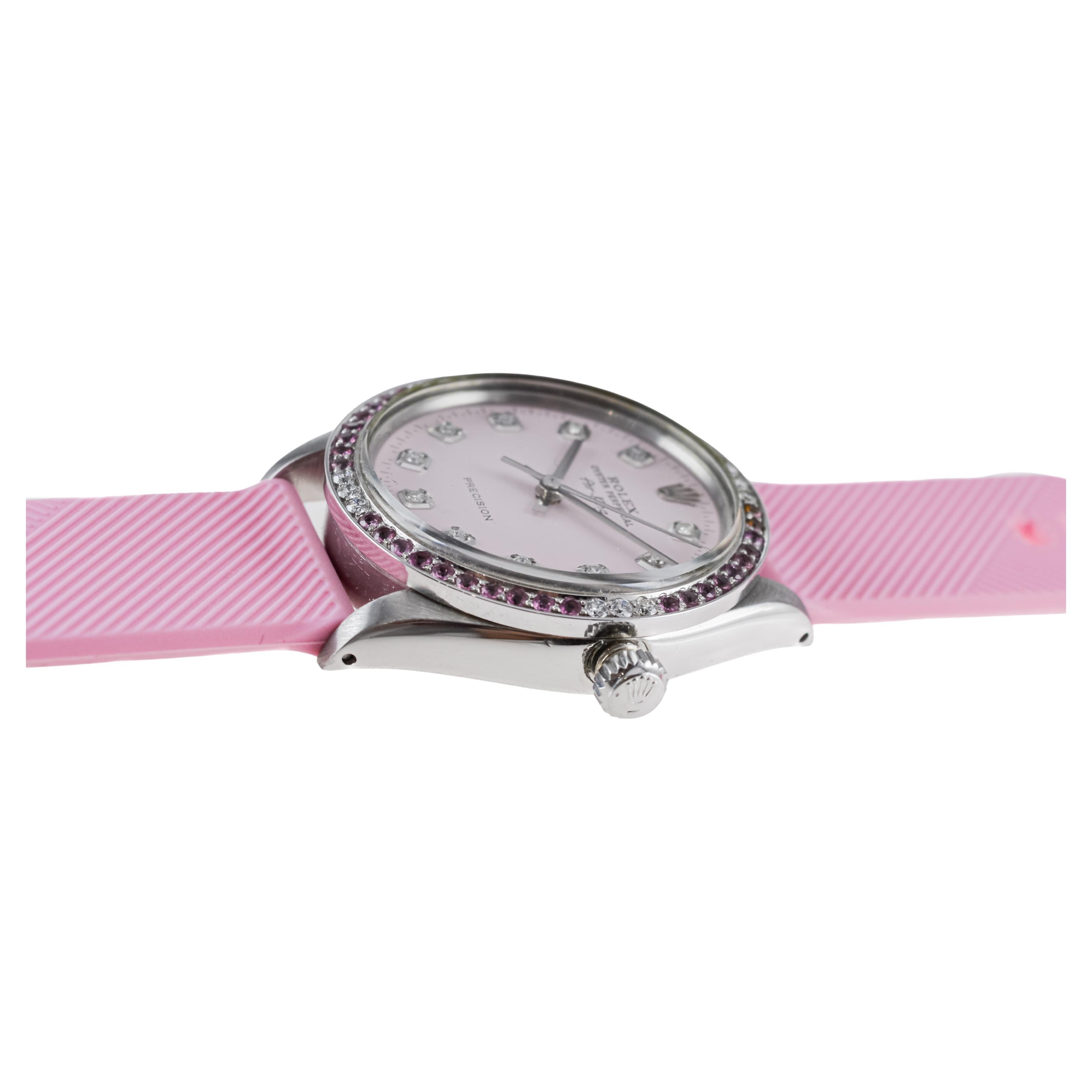 Rolex Steel Air King with Custom Pink Dial and Diamond and Tourmaline Bezel 1970 10