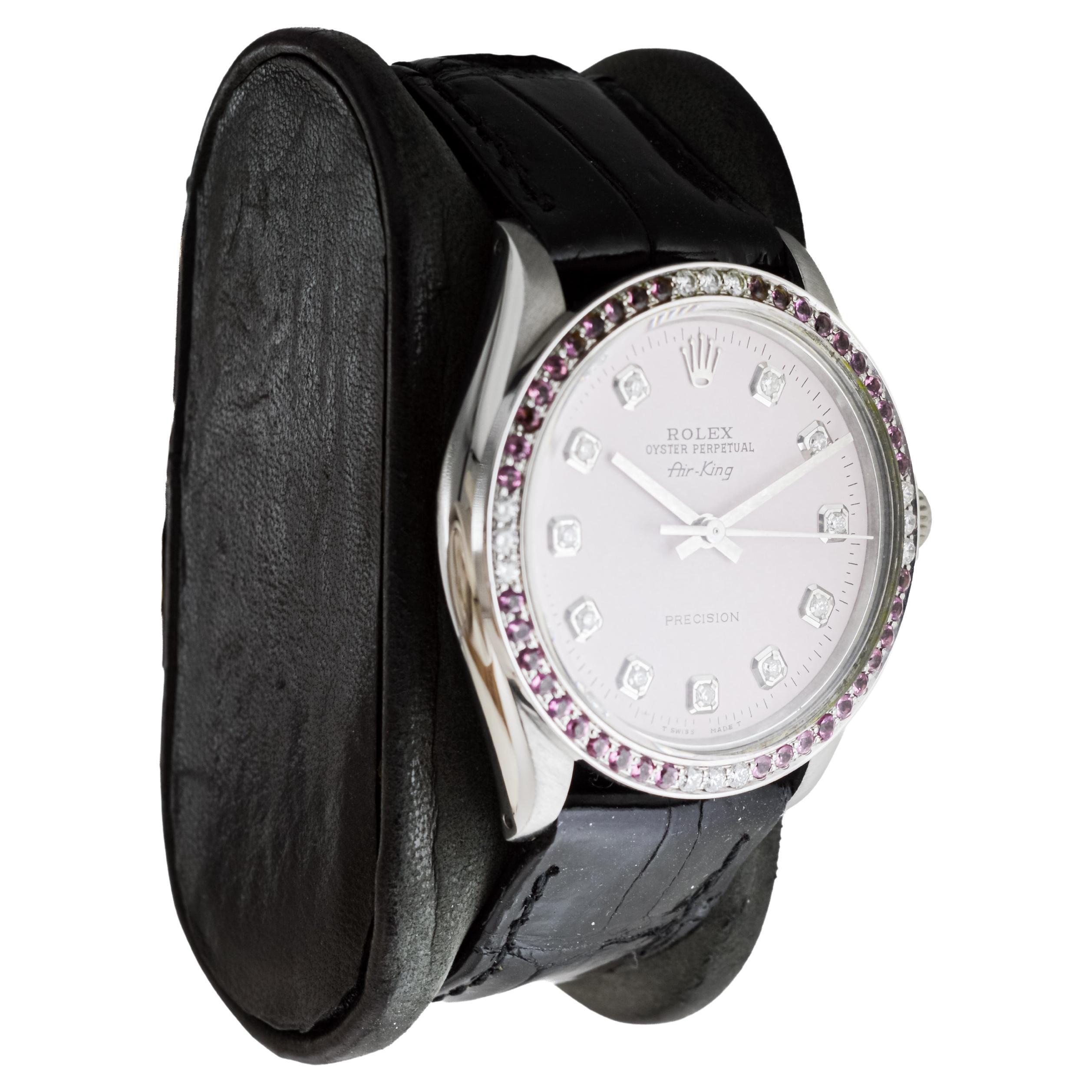 FACTORY / HOUSE: Rolex Watch Company
STYLE / REFERENCE: Air King / Reference 5500
METAL / MATERIAL: Stainless Steel
CIRCA / YEAR: 1970's
DIMENSIONS / SIZE: Length 39mm X Diameter 35mm
MOVEMENT / CALIBER: Perpetual Winding / 26 Jewels / Caliber