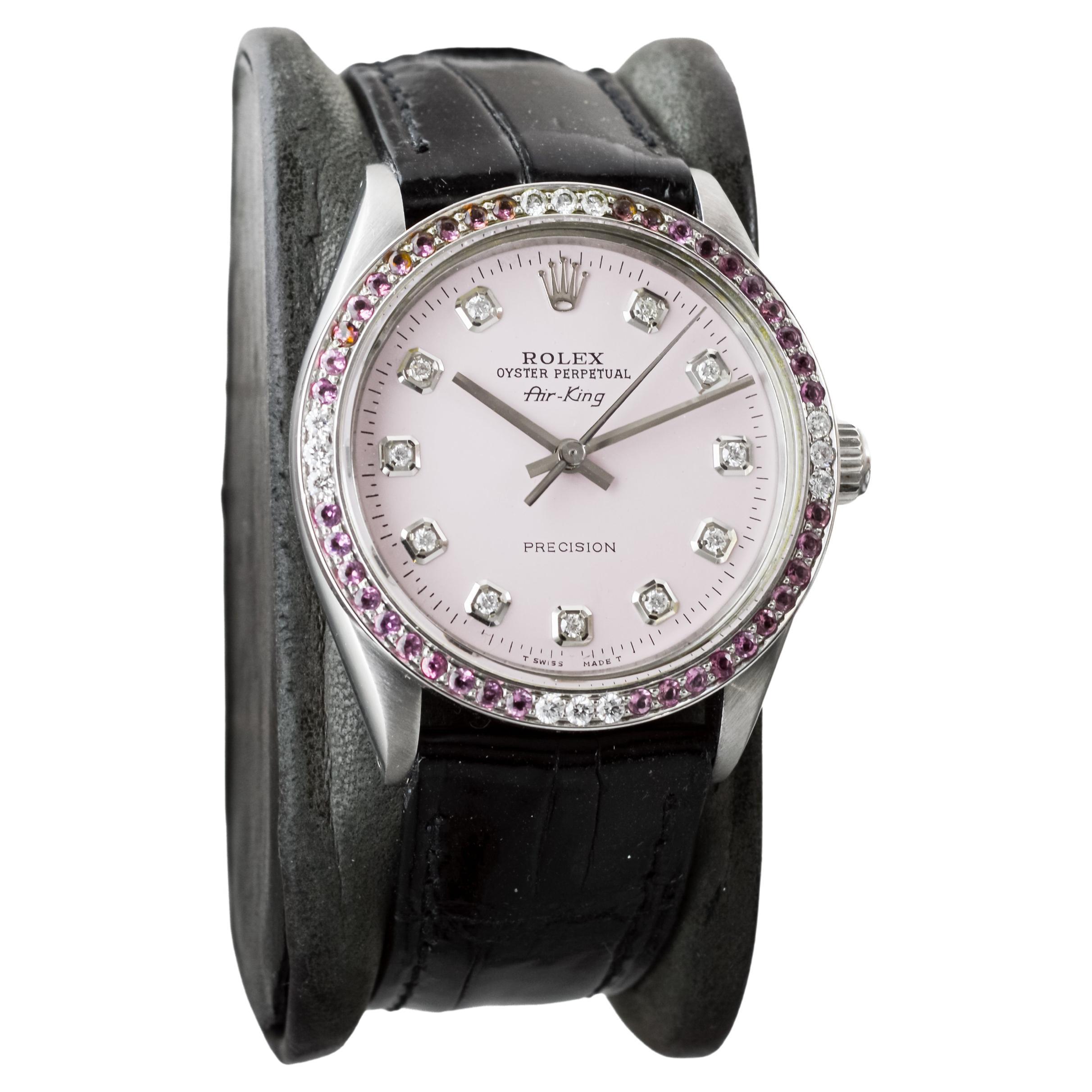 Modern Rolex Steel Air King with Custom Pink Diamond Dial and Diamond Bezel 1970's For Sale