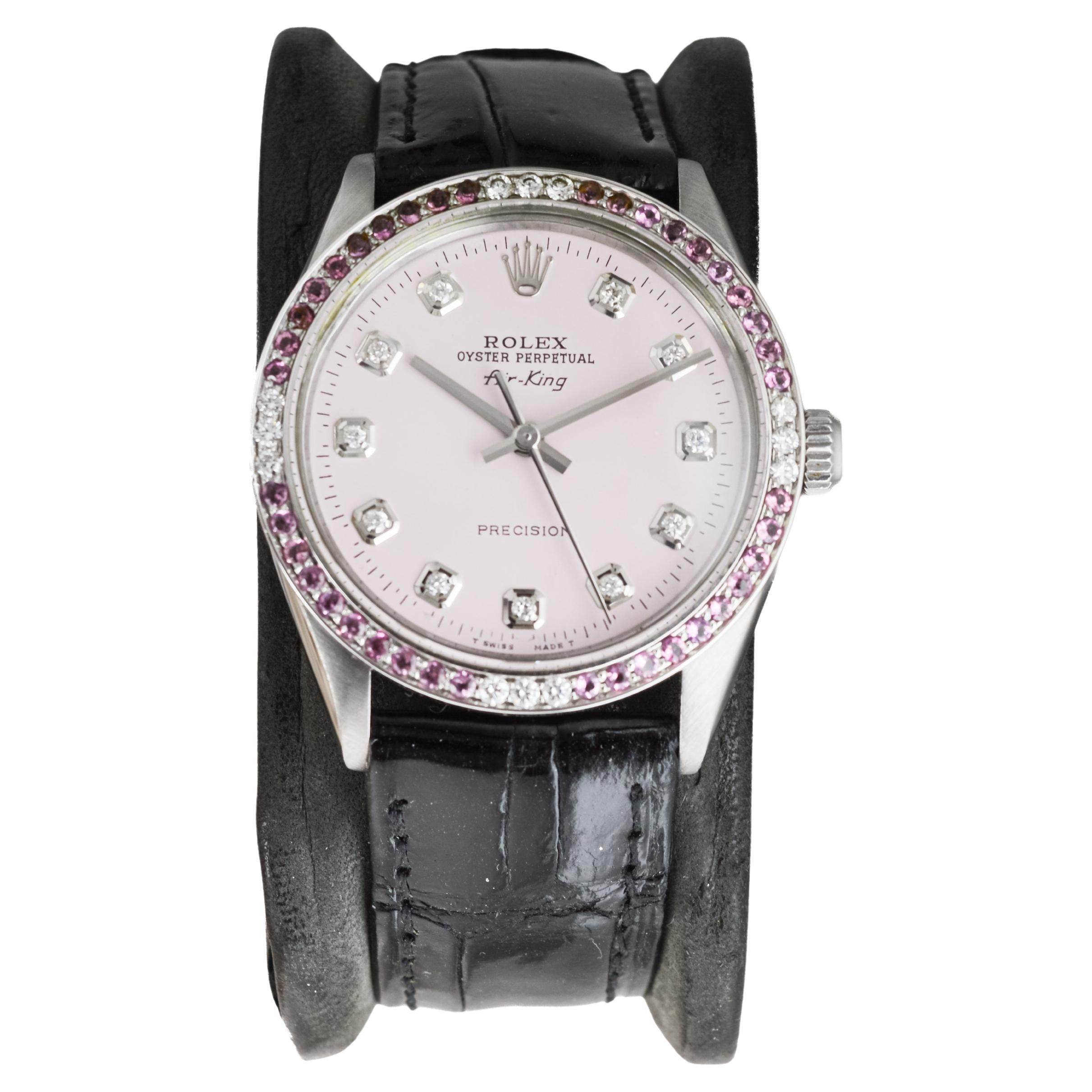 Rolex Steel Air King with Custom Pink Diamond Dial and Diamond Bezel 1970's In Excellent Condition For Sale In Long Beach, CA