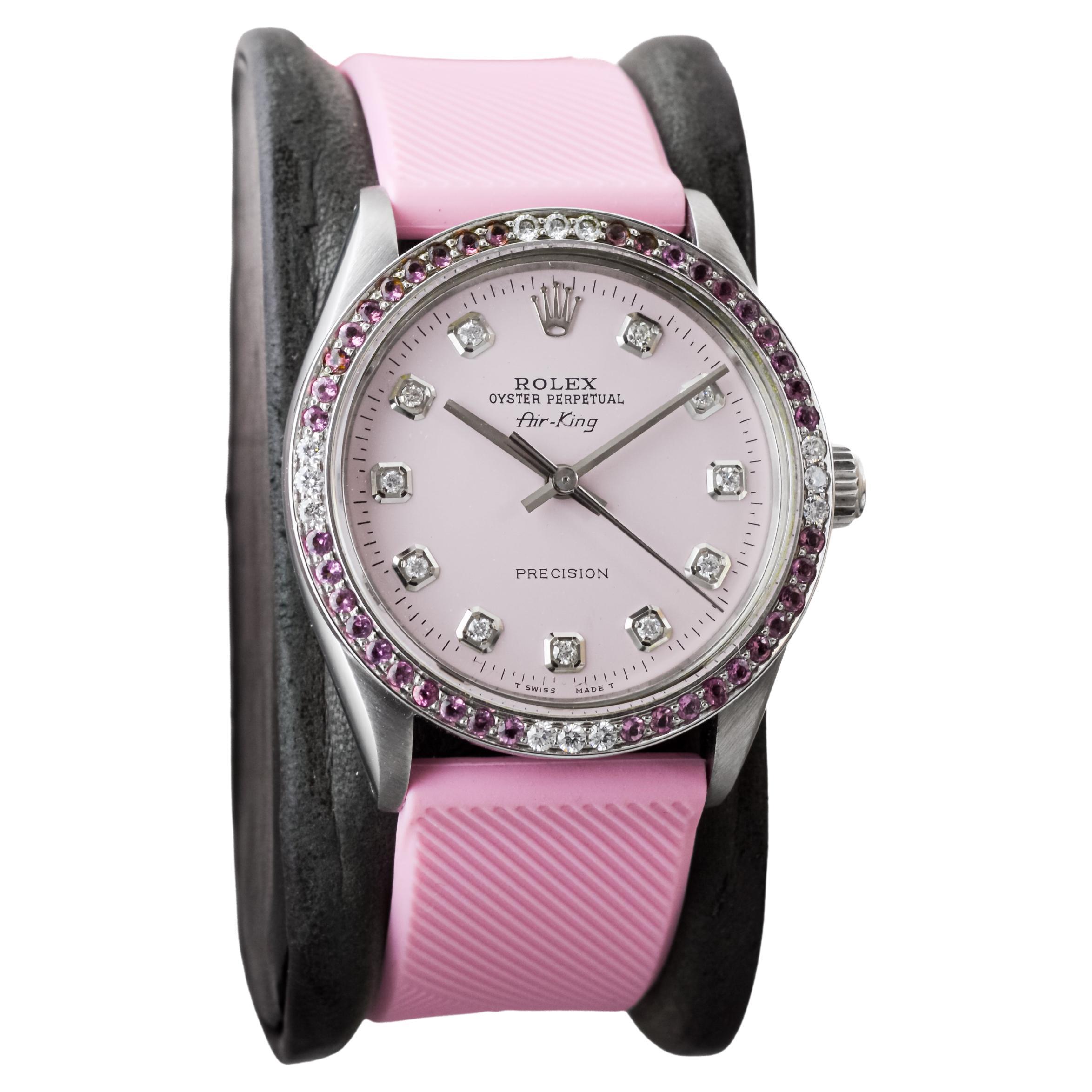 Modern Rolex Steel Air King with Custom Pink Dial and Diamond and Tourmaline Bezel 1970
