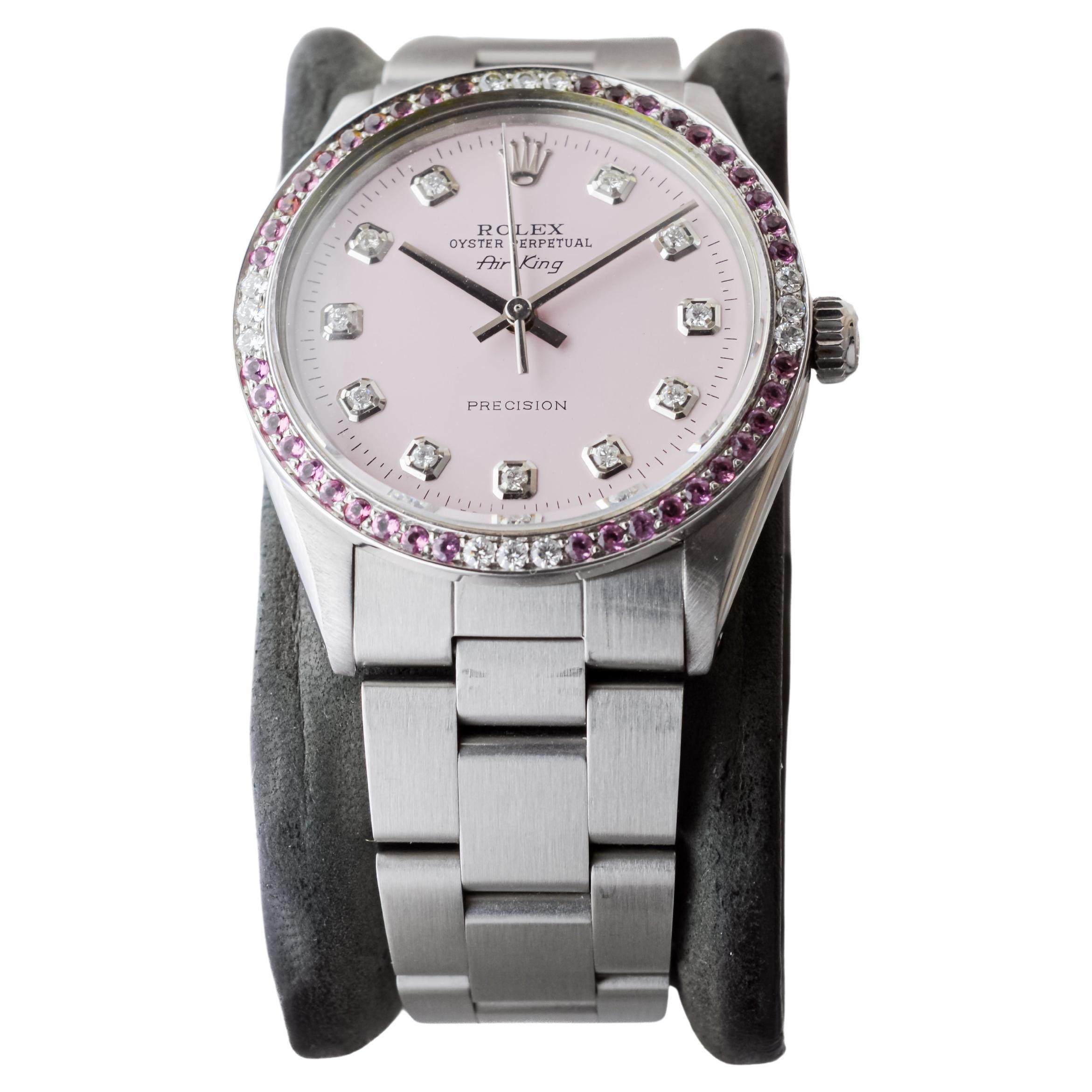 Rolex Steel Air King with Custom Pink Diamond Dial and Diamond Bezel 1970's In Excellent Condition In Long Beach, CA