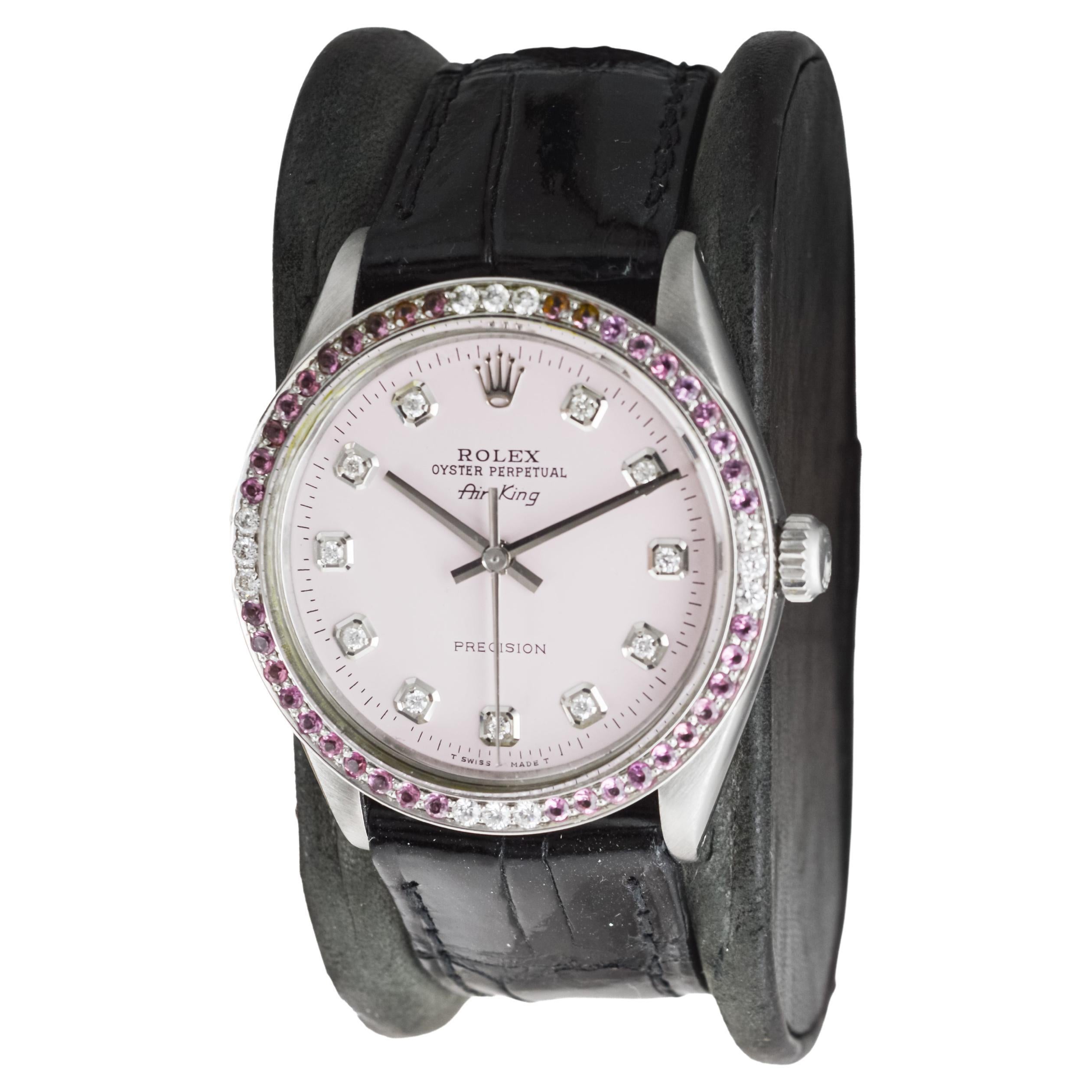 Women's or Men's Rolex Steel Air King with Custom Pink Diamond Dial and Diamond Bezel 1970's For Sale