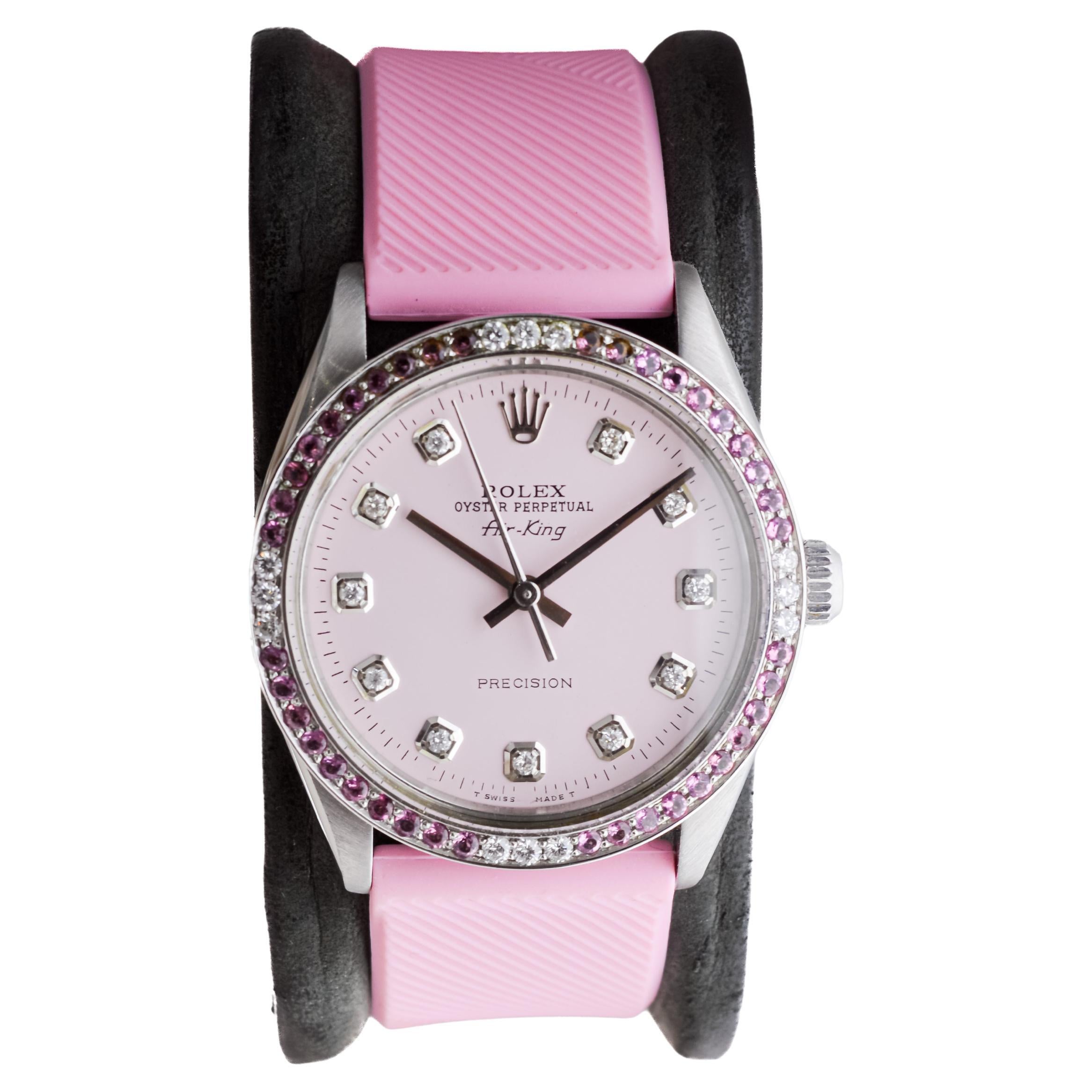 Rolex Steel Air King with Custom Pink Dial and Diamond and Tourmaline Bezel 1970 In Excellent Condition In Long Beach, CA