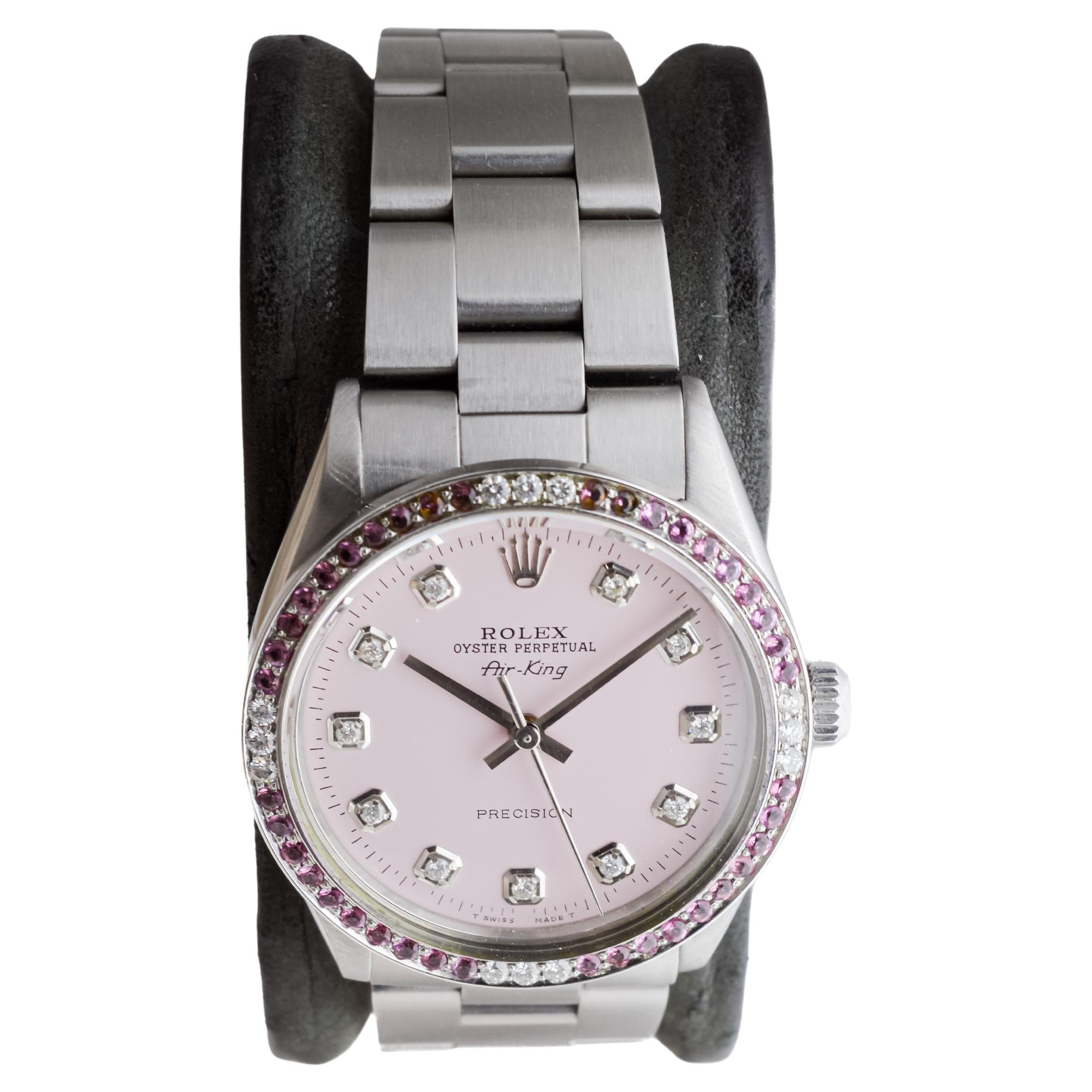Women's or Men's Rolex Steel Air King with Custom Pink Diamond Dial and Diamond Bezel 1970's