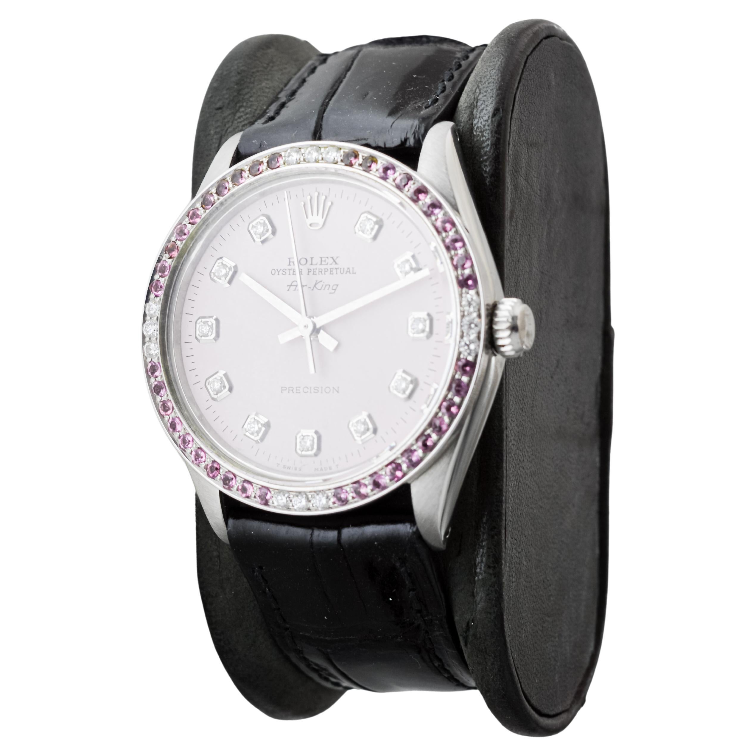 Rolex Steel Air King with Custom Pink Diamond Dial and Diamond Bezel 1970's For Sale 1