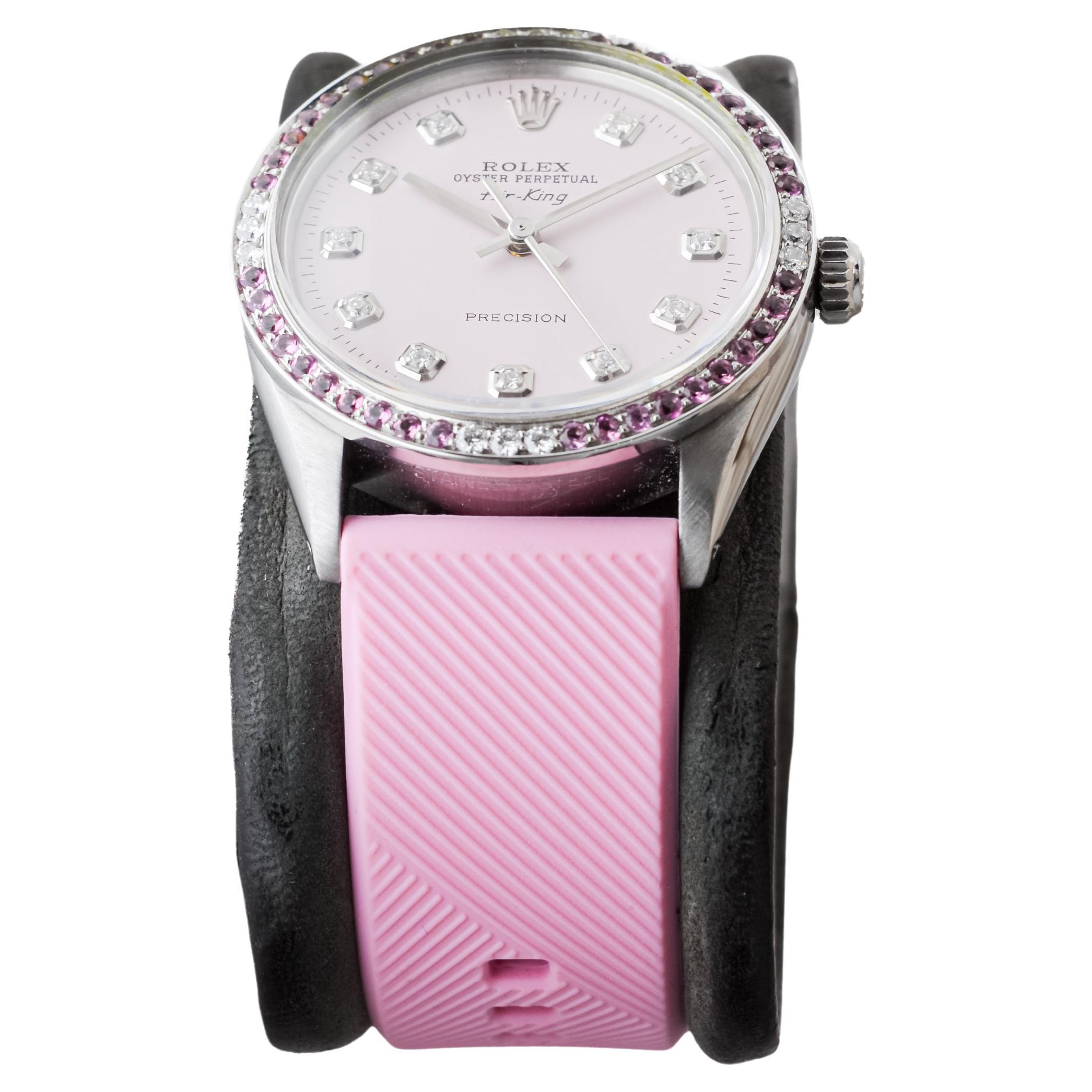 Women's or Men's Rolex Steel Air King with Custom Pink Dial and Diamond and Tourmaline Bezel 1970