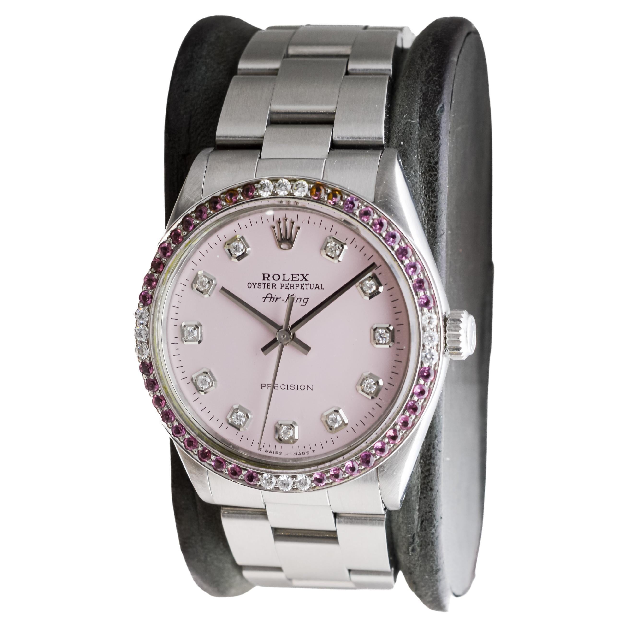 Rolex Steel Air King with Custom Pink Diamond Dial and Diamond Bezel 1970's 1