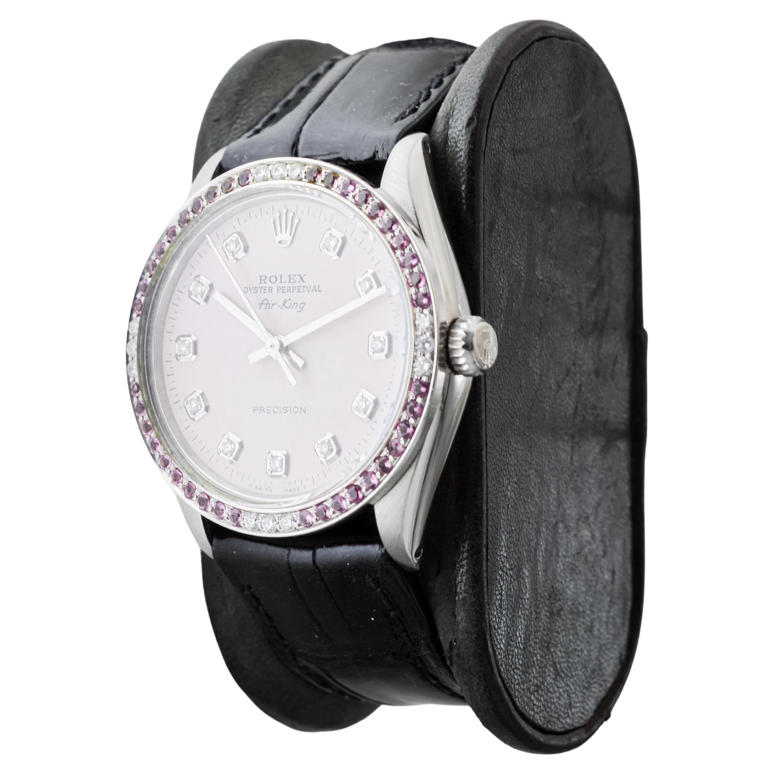 Rolex Steel Air King with Custom Pink Diamond Dial and Diamond Bezel 1970's For Sale 2