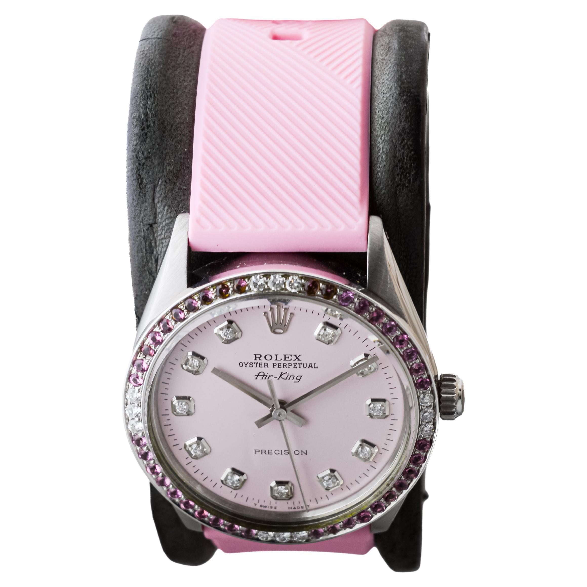 Rolex Steel Air King with Custom Pink Dial and Diamond and Tourmaline Bezel 1970 1