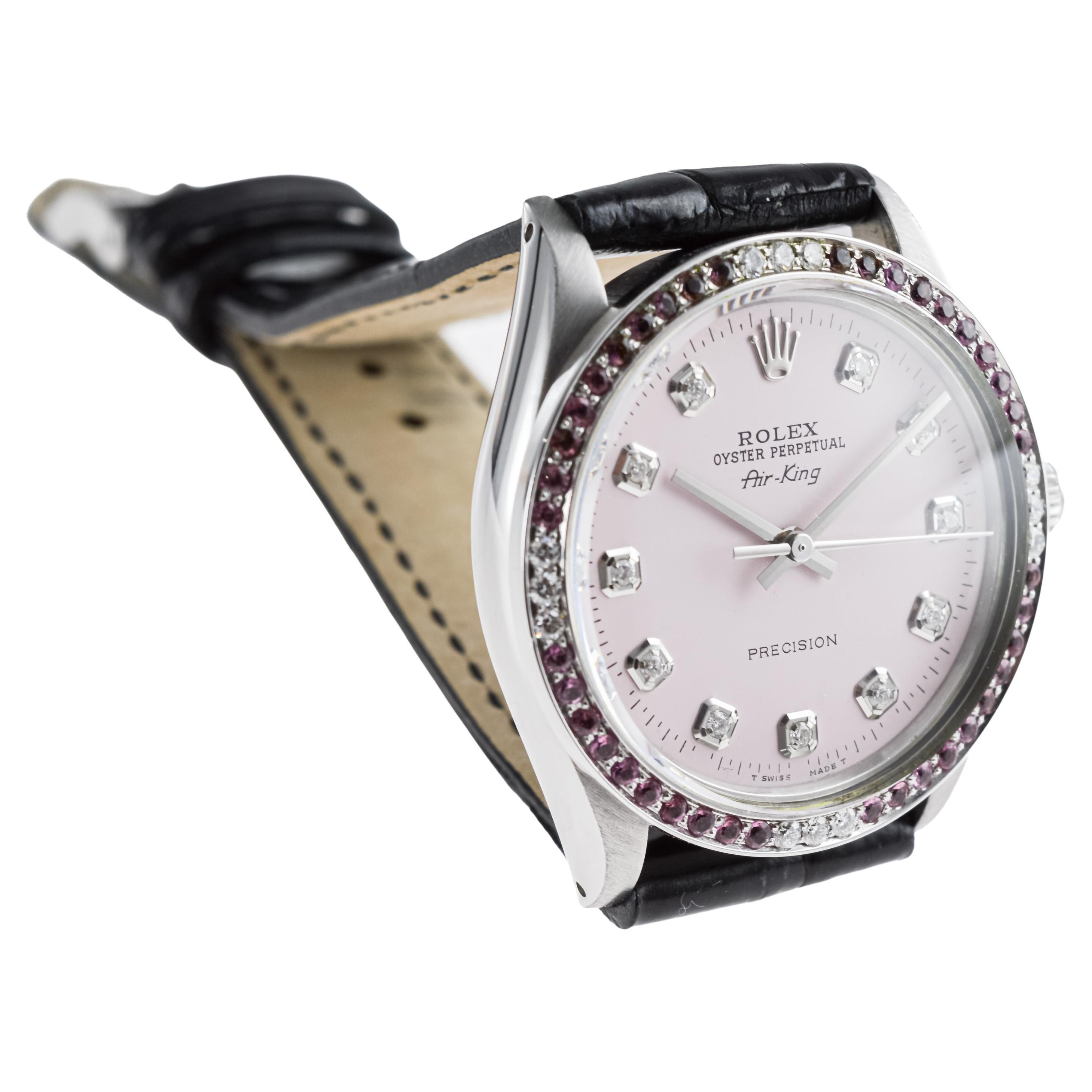 Rolex Steel Air King with Custom Pink Diamond Dial and Diamond Bezel 1970's For Sale 3