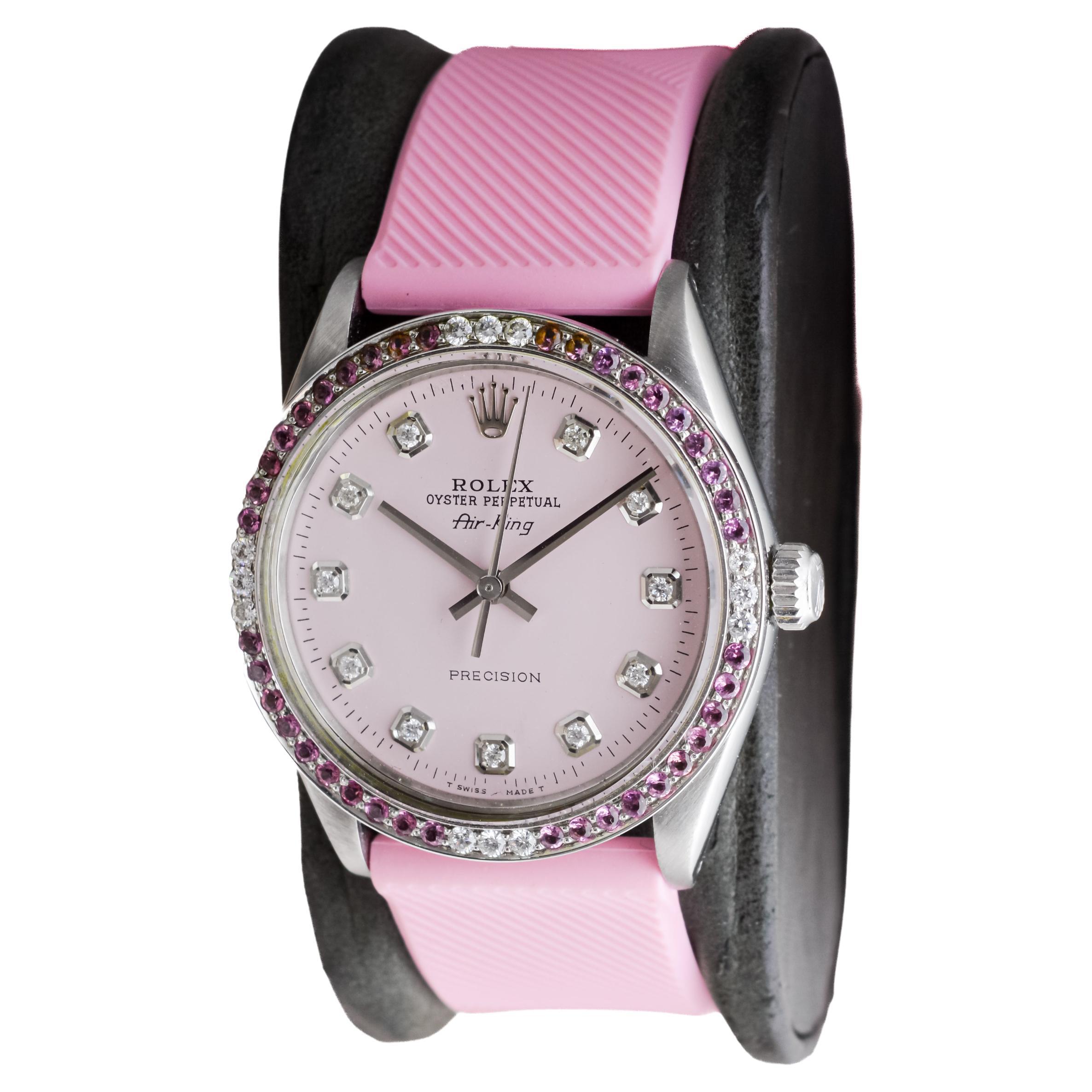 Rolex Steel Air King with Custom Pink Dial and Diamond and Tourmaline Bezel 1970 2