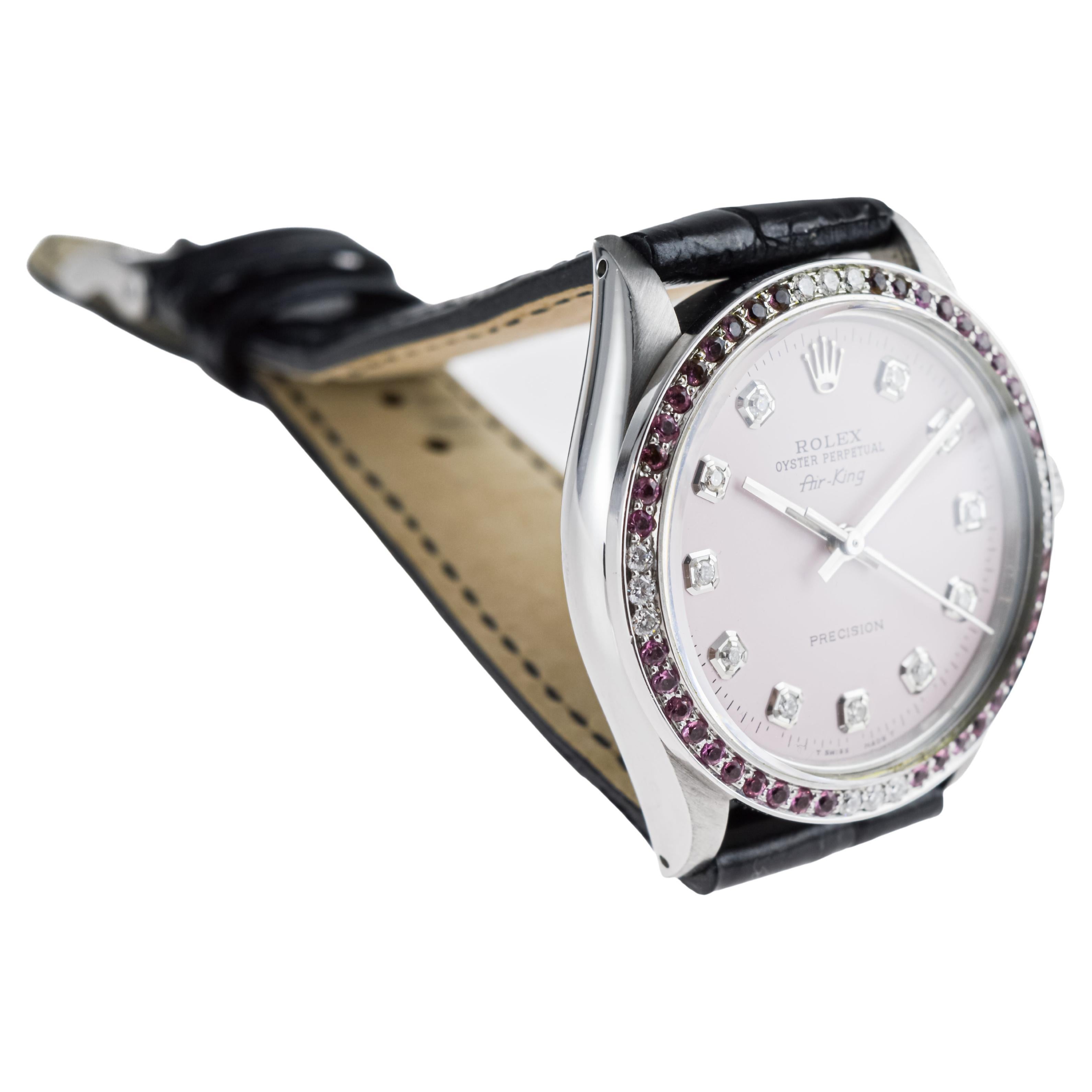 Rolex Steel Air King with Custom Pink Diamond Dial and Diamond Bezel 1970's For Sale 4
