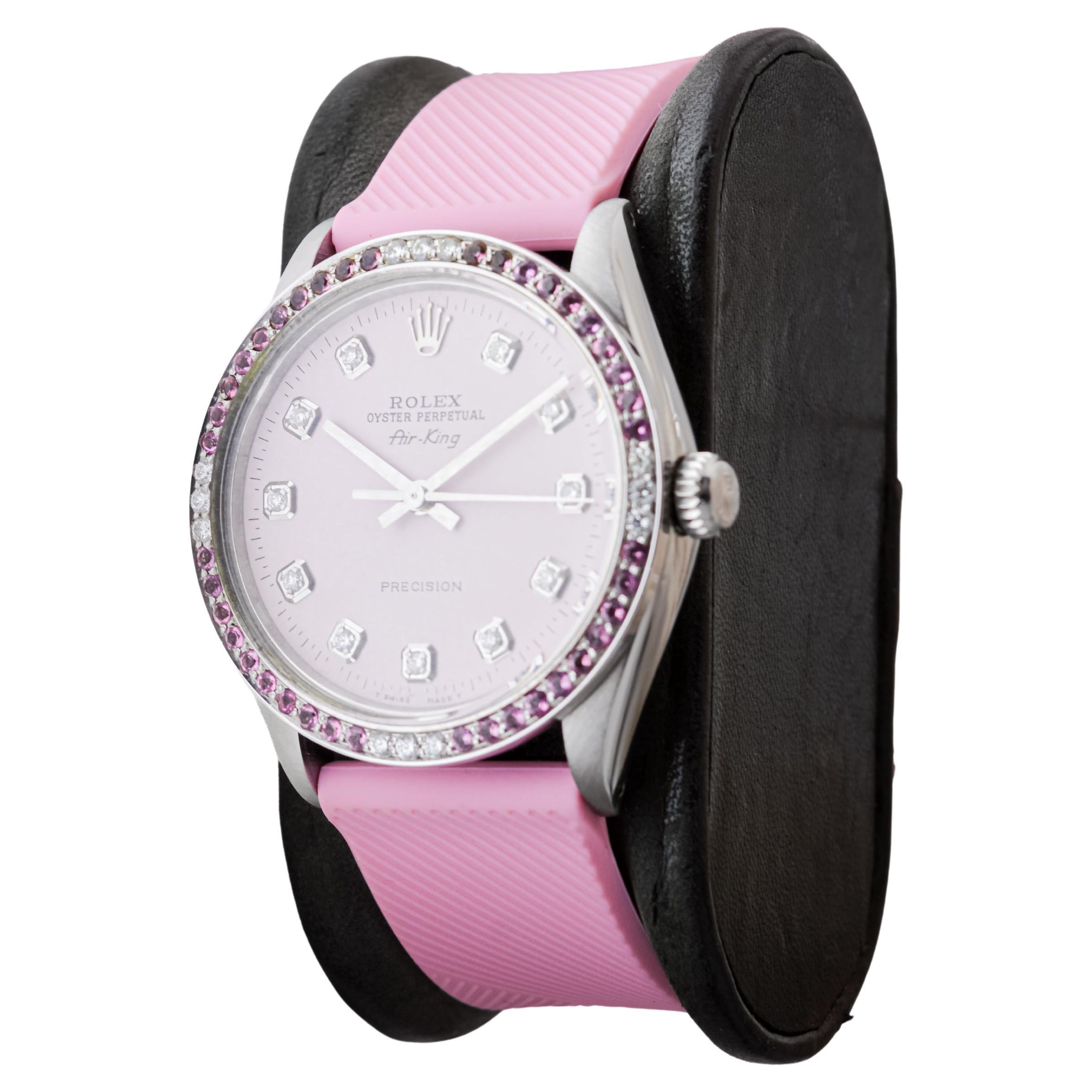 Rolex Steel Air King with Custom Pink Dial and Diamond and Tourmaline Bezel 1970 3