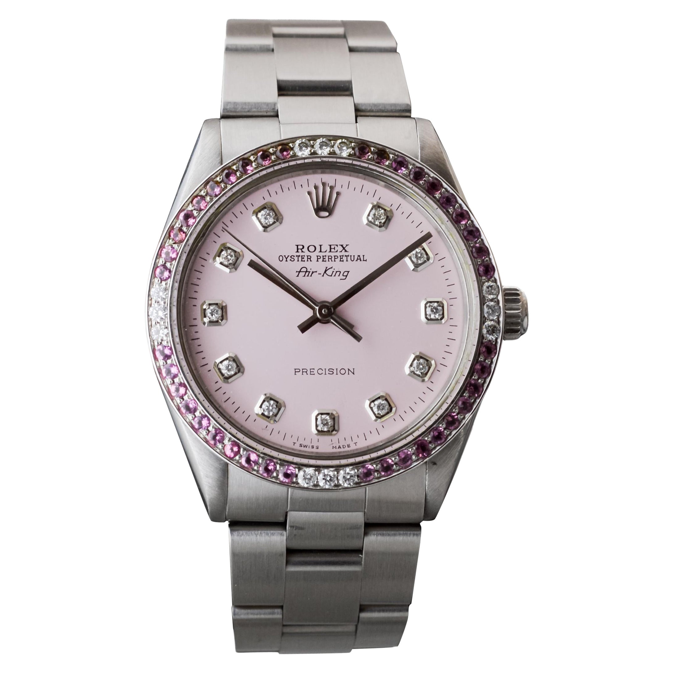 Rolex Steel Air King with Custom Pink Diamond Dial and Diamond Bezel 1970's