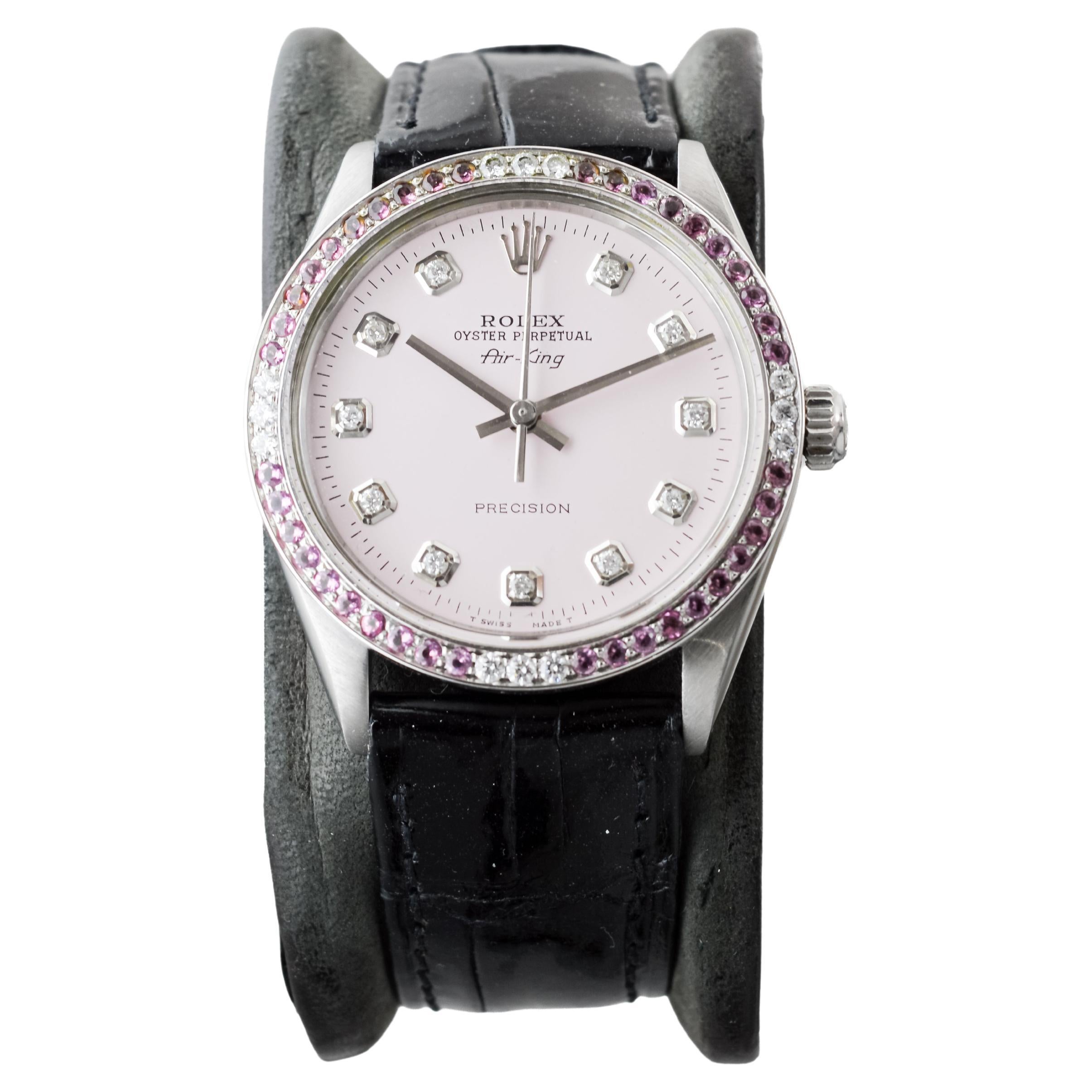Rolex Air King en acier avec cadran en diamant rose et lunette en diamant 1970's