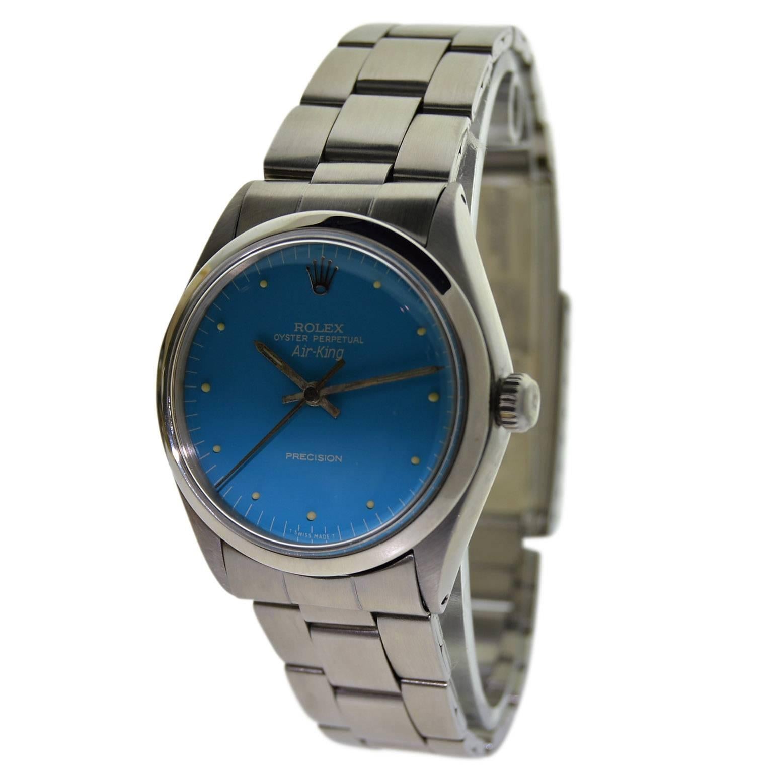 FACTORY / HOUSE: Rolex Watch Company
STYLE / REFERENCE: Air King / Ref. 5500
METAL / MATERIAL: Stainless Steel 
CIRCA: 1970's
DIMENSIONS: 39mm X 35mm
MOVEMENT / CALIBER: Perpetual Winding / 26 Jewels / Cal. 1570
DIAL / HANDS: Custom Blue Finish /