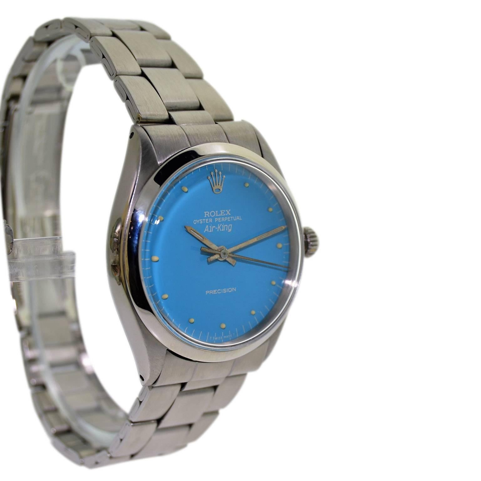 Rolex Stainless Steel Air King Powder Blue Dial Perpetual Wind Wristwatch In Excellent Condition In Long Beach, CA
