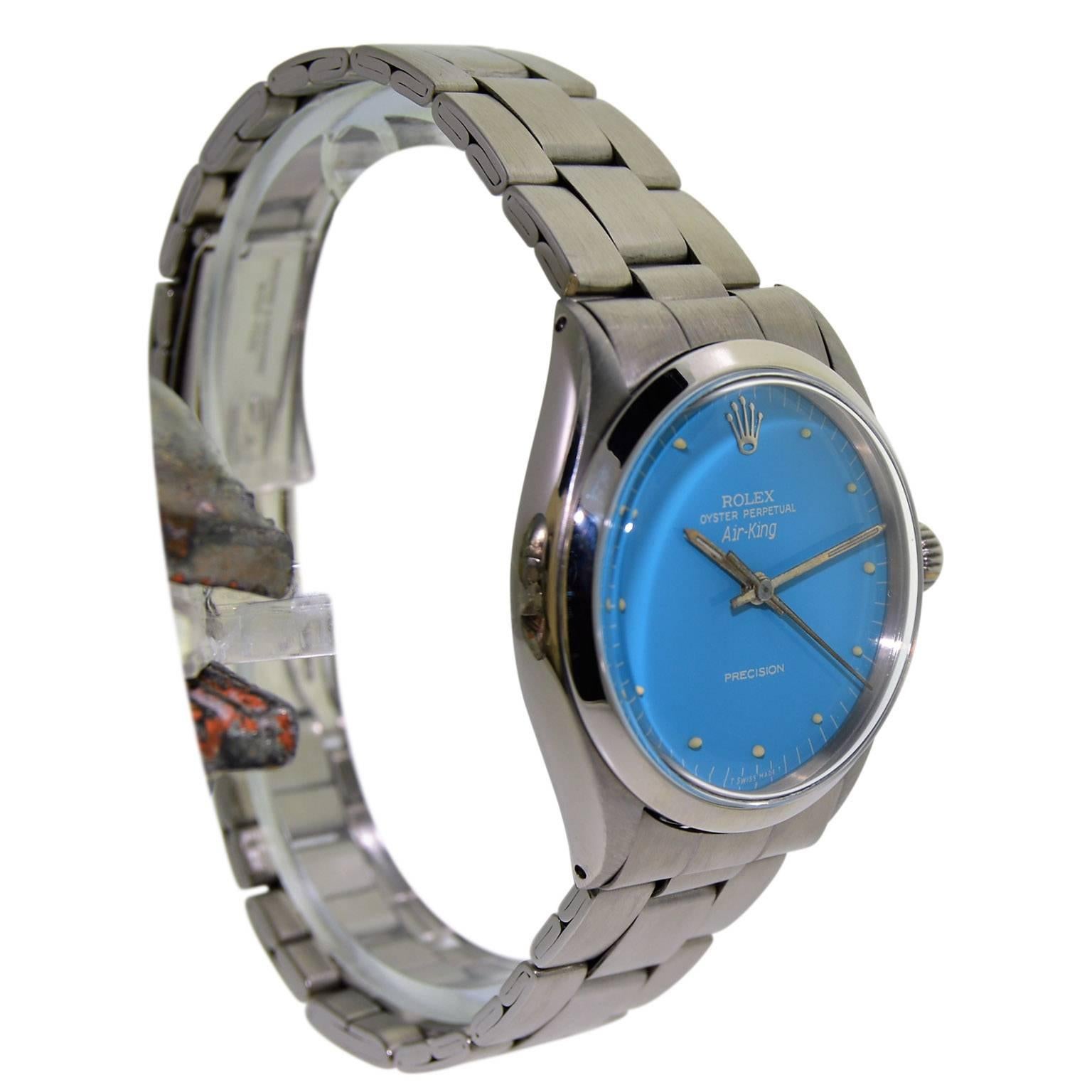 Women's or Men's Rolex Stainless Steel Air King Powder Blue Dial Perpetual Wind Wristwatch