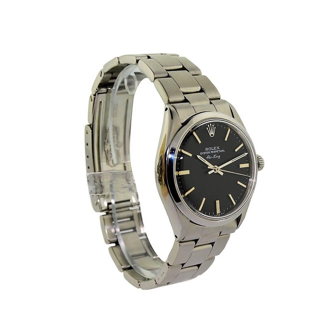 FACTORY / HOUSE: Rolex Watch Company
STYLE / REFERENCE: Round Air King / 5500
METAL / MATERIAL: Stainless Steel 
CIRCA: 1977 / 1978
DIMENSIONS: 39mm X 34mm
MOVEMENT / CALIBER: Perpetual Winding / 26 Jewels 
DIAL / HANDS: Original Black with Baton