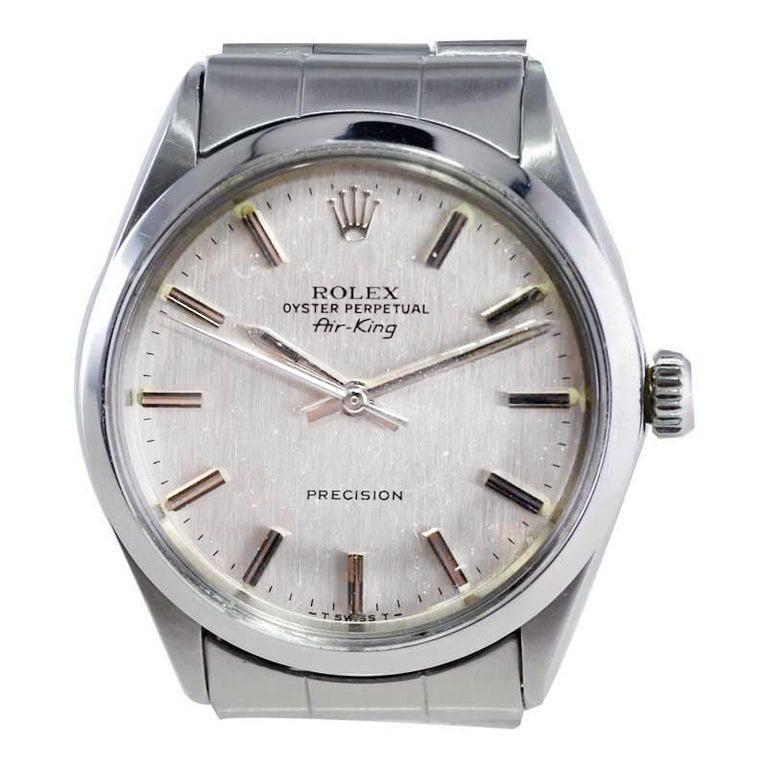 Women's or Men's Rolex Steel Air King with Rare Original Satin Grained Silver Dial, 1970's For Sale