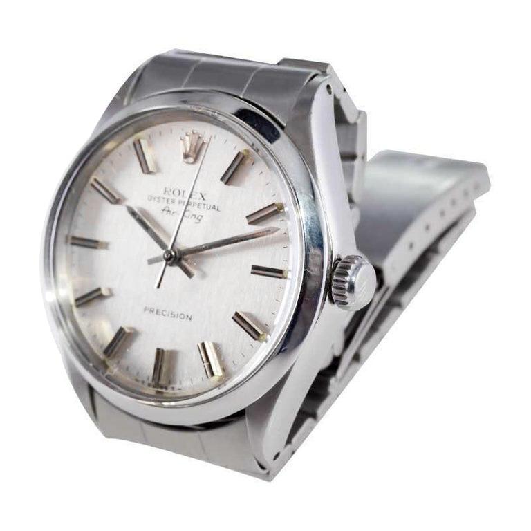 Rolex Steel Air King with Rare Original Satin Grained Silver Dial, 1970's For Sale 2