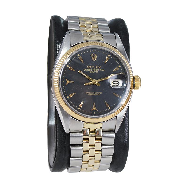 FACTORY / HOUSE: Rolex Watch Company
STYLE / REFERENCE: Oyster Perpetual Date / Reference 6532
METAL / MATERIAL: Stainless Steel and 14Kt Gold
CIRCA / YEAR: 1953 / 54
DIMENSIONS / SIZE: Length 42mm x Diameter 35mm
MOVEMENT / CALIBER: Perpetual