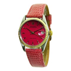 Retro Rolex Steel and Gold Oyster Date Watch with Custom Hot Pink Dial from 1965