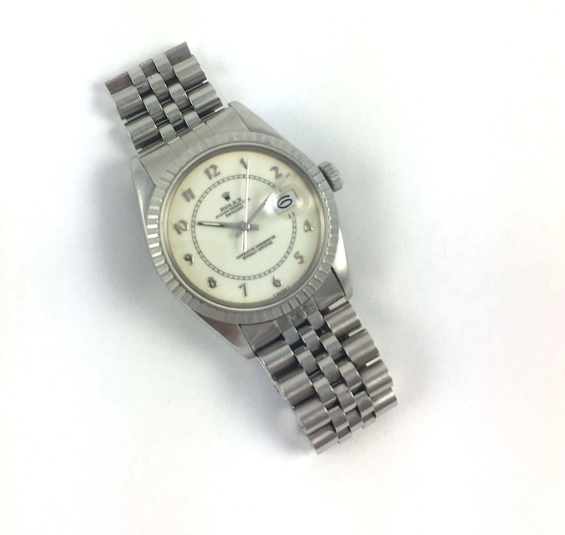 Rolex Steel and White Gold Boiler Gauge Datejust Watch with Papers, 1980s In Good Condition For Sale In New York, NY