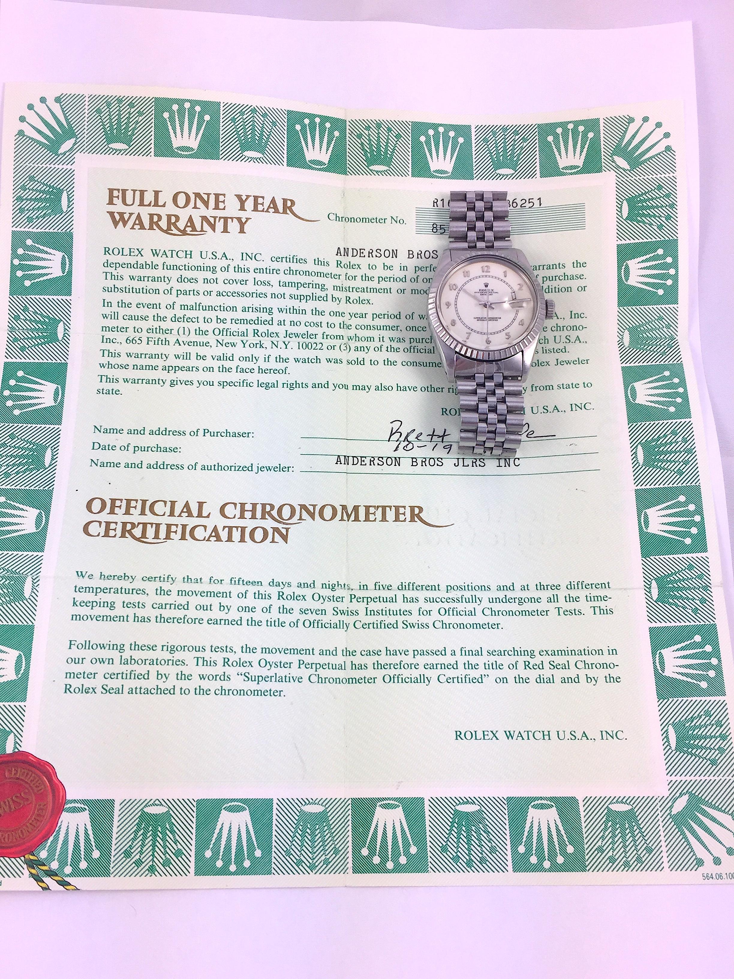 Rolex Steel and White Gold Boiler Gauge Datejust Watch with Papers, 1980s For Sale 4