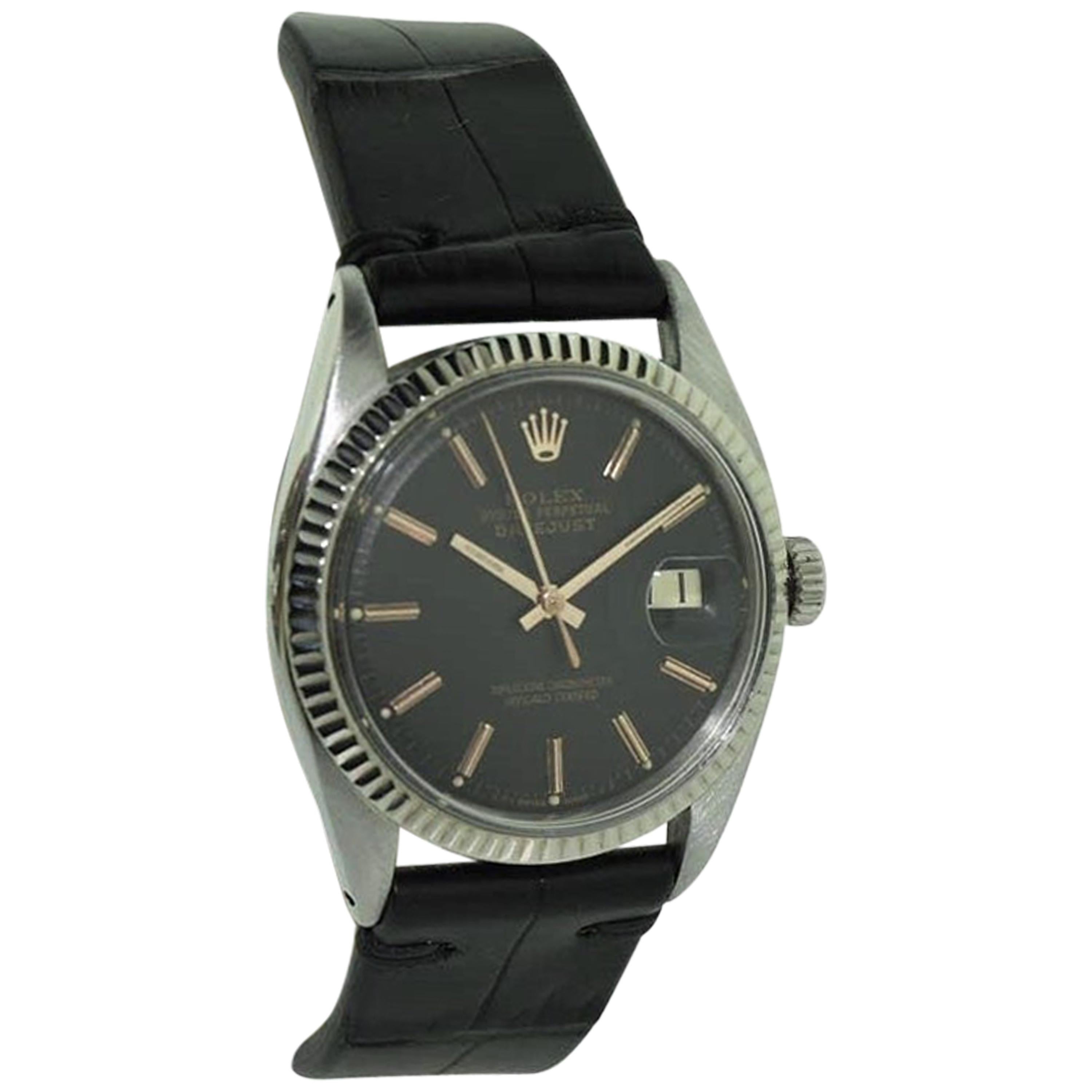 Rolex Steel and White Gold Datejust with Unusual Black Dial Rose Batons, Early 1 For Sale